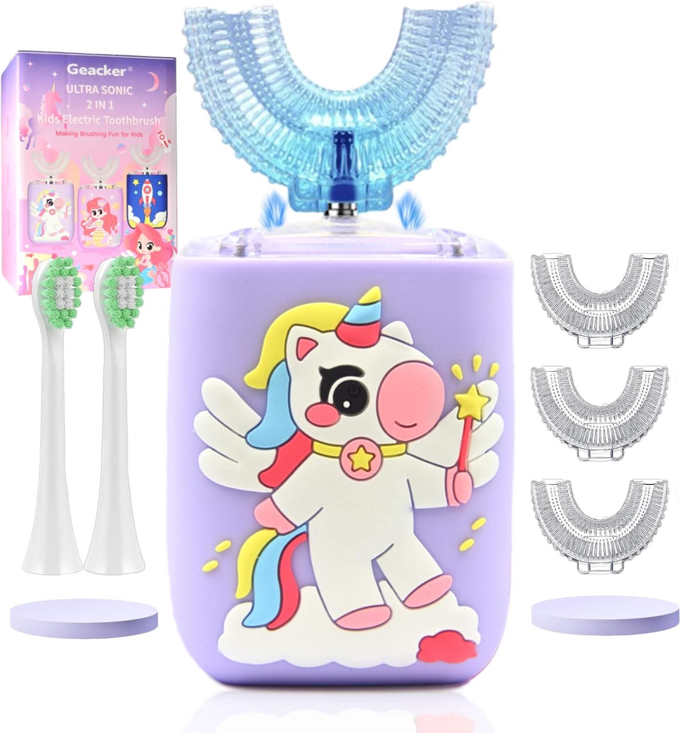 Kids Electric Toothbrush U Shaped Toddler Auto Sonic Toothbrushes with 5 Brush Head, Cartoon Unicorn Ultrasonic 360 Full Mouth Cleaning Automatic Toothbrushes for Children 2-7 Years