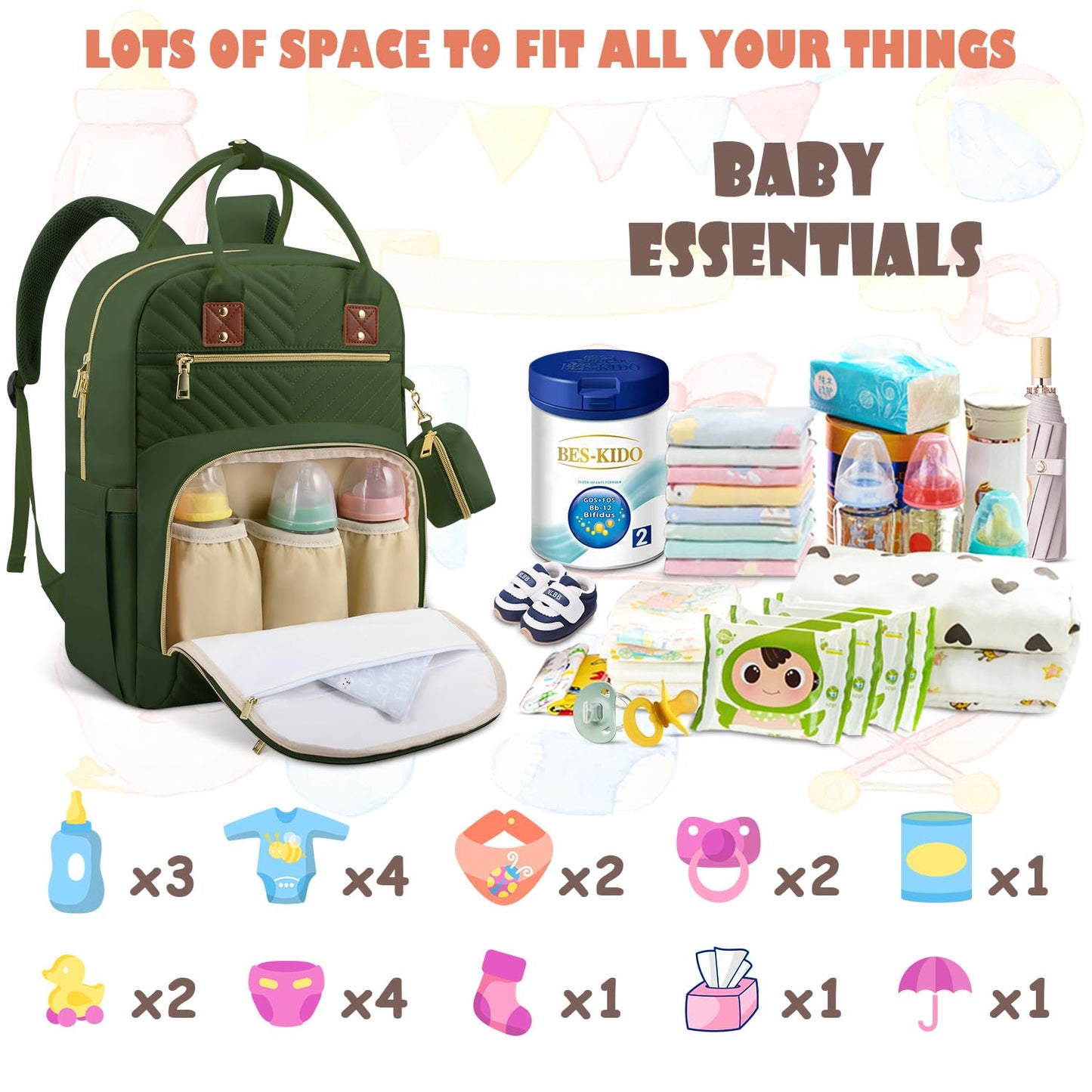 Baby Diaper Bag Backpack, Travel Diaper Bags for Girl Boy Large Capacity Baby Bag Backpack for Women Army Green