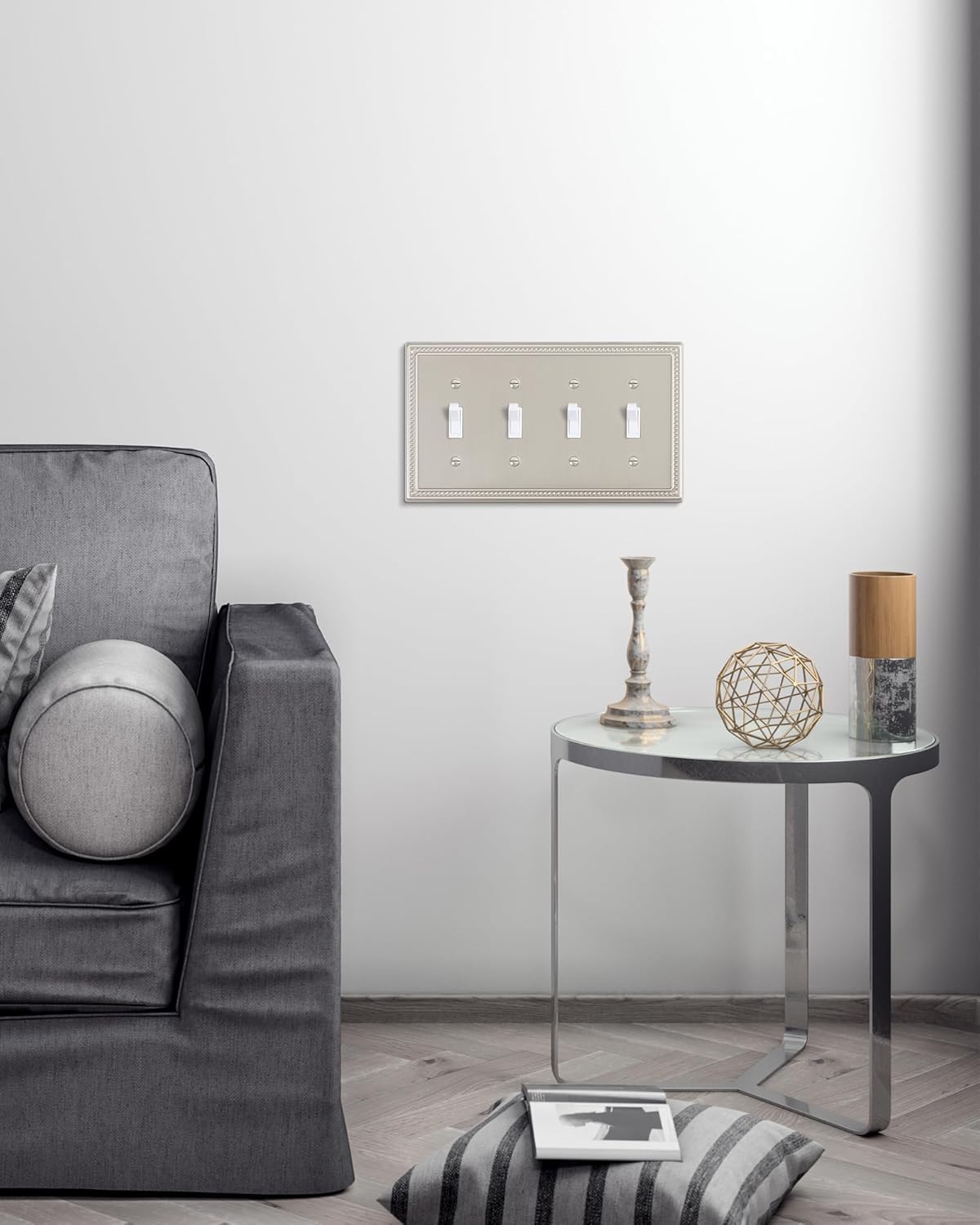 2-Pack Quad Toggle Light Switch Cover Plate, 4 Gang Metal Switch Plate Covers, Brushed Nickel Pearls Decorative Wall Plate, Corrosion Resistant