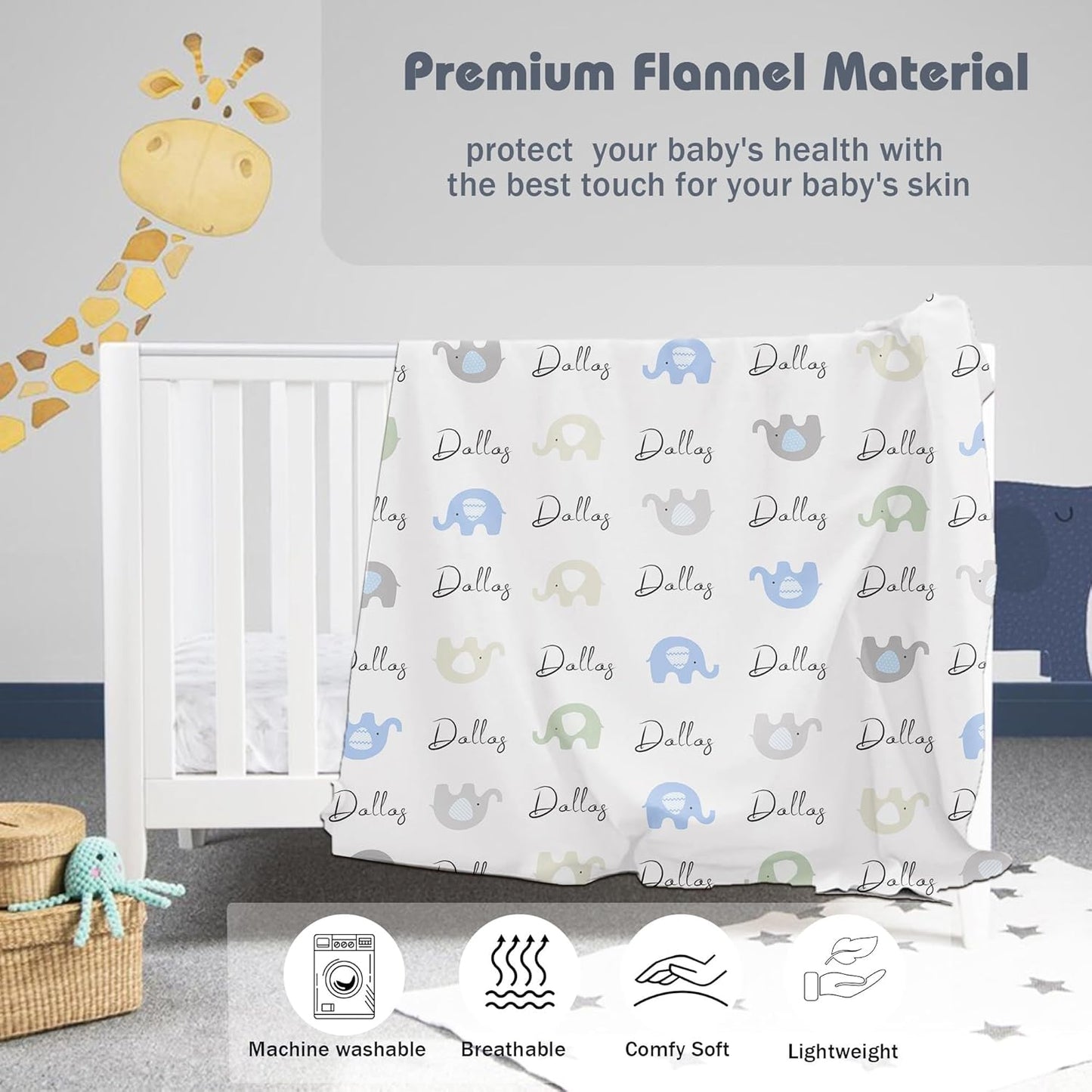 Personalized Baby Name Blanket for Boy Girl Custom Elephants Blanket for Newborn Customized Gifts for Baby Shower Birthday Christmas