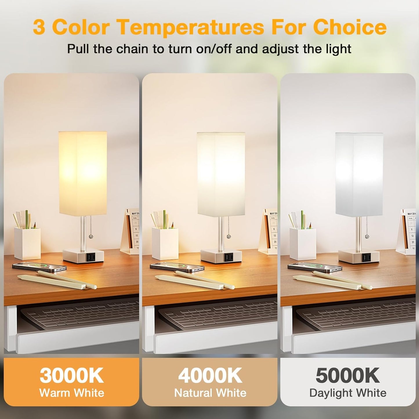 aooshine White Small Table Lamp for Bedroom - 3 Color Temperature 3000K 5000K 4000K Bedside Lamp, Pull Chain Control, USB A and C Ports, Light Gold Base, Bulb Included