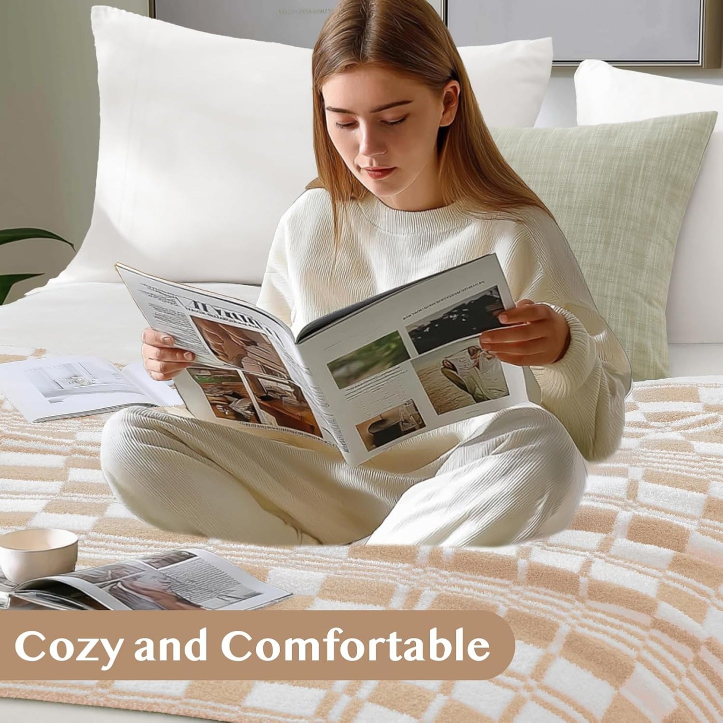 WRENSONGE Checkered Throw Blanket Toast Almond Soft Cozy Fluffy Warm Hand Made Weave Throw Blankets for Couch, Sofa, Chair, Bed, Camping, Picnic, Travel Lightweight Bed Blanket - 60"*80"