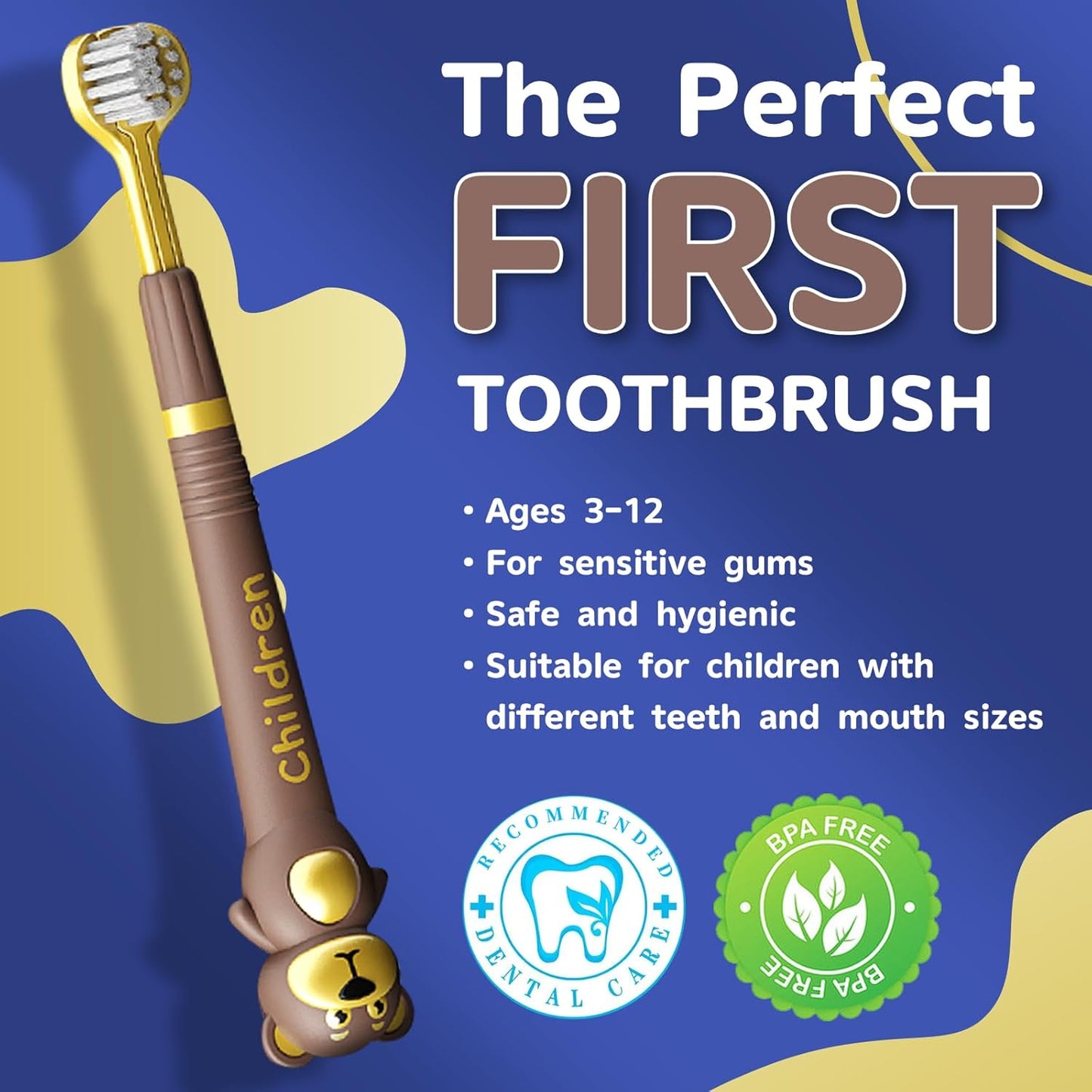3 Sided Toothbrush for Kids, Japanese Design Triple-Angle Toothhugger, Cartoon Bear Design for Autism Toddlers, Kids Toothbrush for Aged 3-12, Soft Bristles for Gentle Gum Care (3Pack)