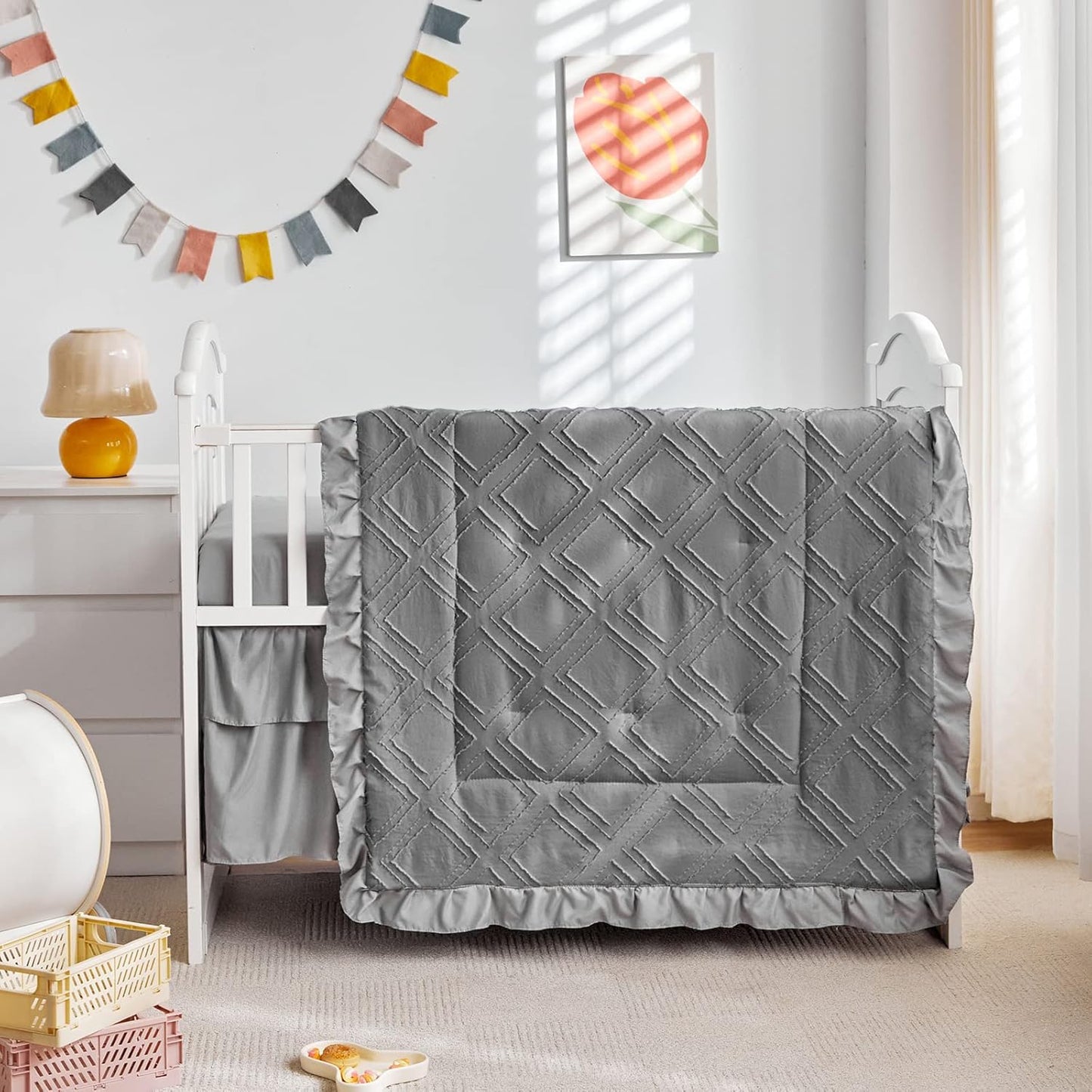 Tufted Ruffle Crib Bedding Set 3 Pieces Baby Boho Quilted Comforter with Fitted Sheet and Bed Skirt - Cute Ruffled Shabby Chic Baby Bedding Soft Blanket Design Gray