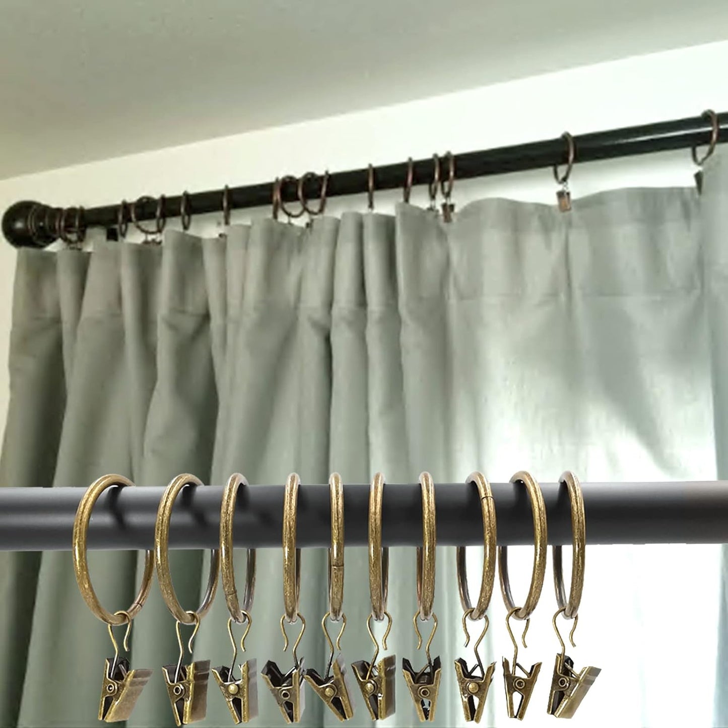 100 Pack Bronze Curtain Rings with Clips, Curtain Hooks Hangers Clip Rings for Hanging Drapes Bows Hat, Drapery Rings 1.5 in I D, Fits up to 1.2 in Diameter Curtain Rod.