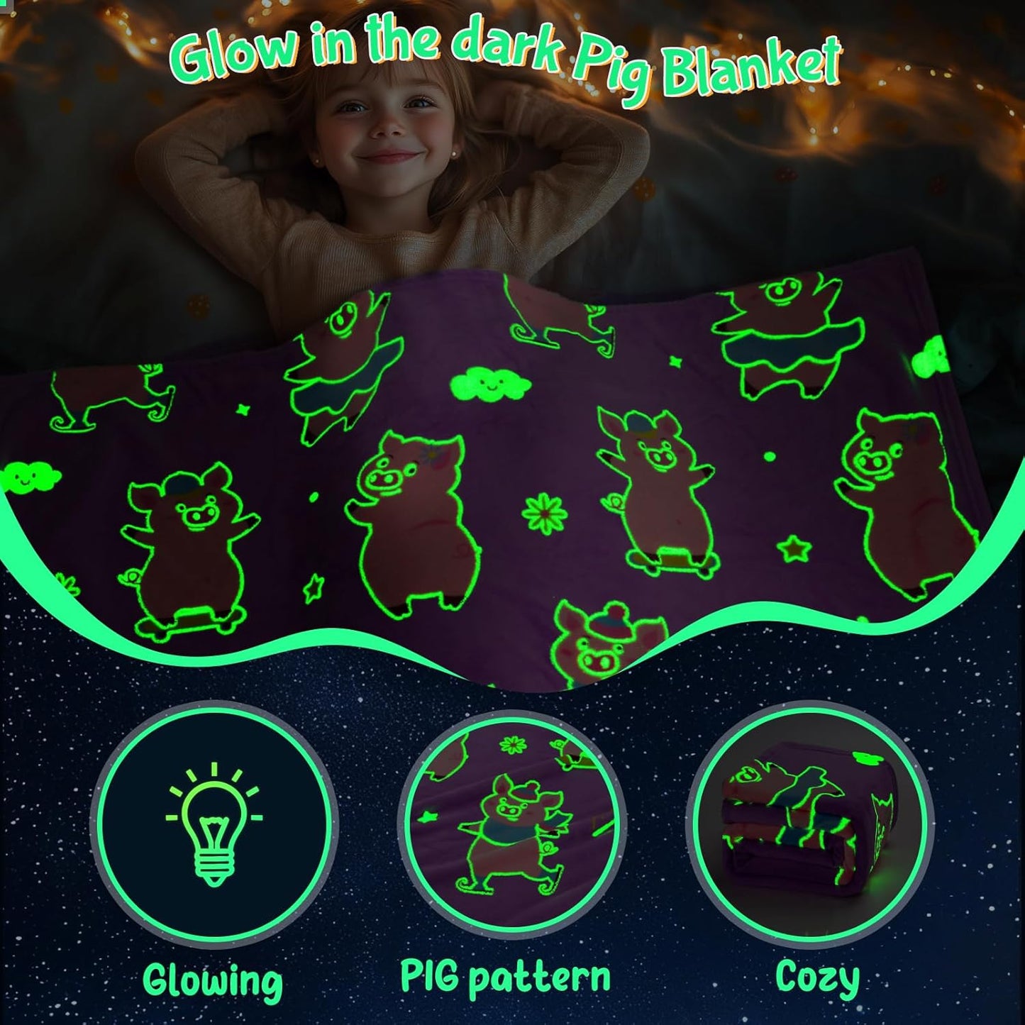 Boulou Pig Glow in The Dark Throw Blanket - 60" x 50" Pink Plush Pig Blanket for Girls, Glowing Blanket Gift for 3-10 Years Old Kids Boys, Birthday