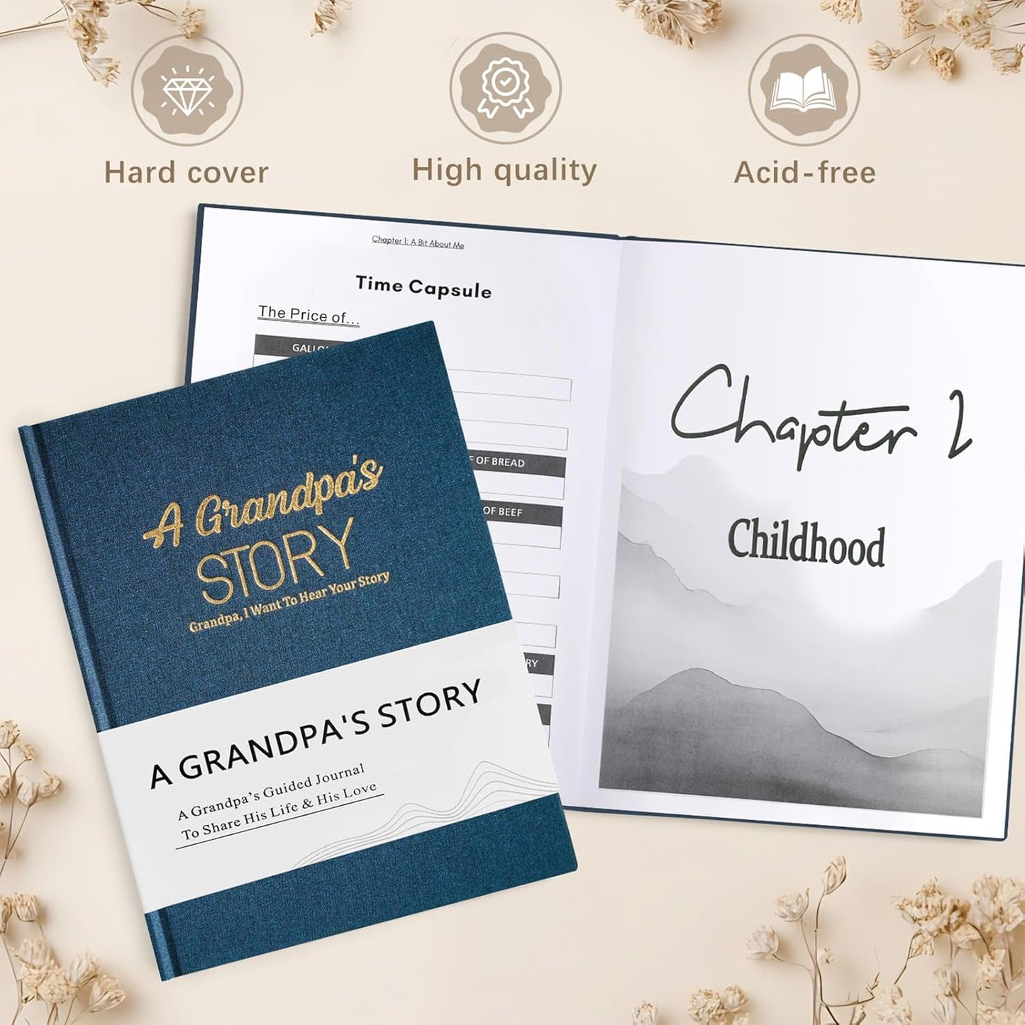 Artmag Grandpa's Life Story Journal Family Keepsake Book Linen Hardcover for Grandpa to Share His Memories, with 250+ Prompt Questions Gift for Birthday Father's Day Christmas (Blue)