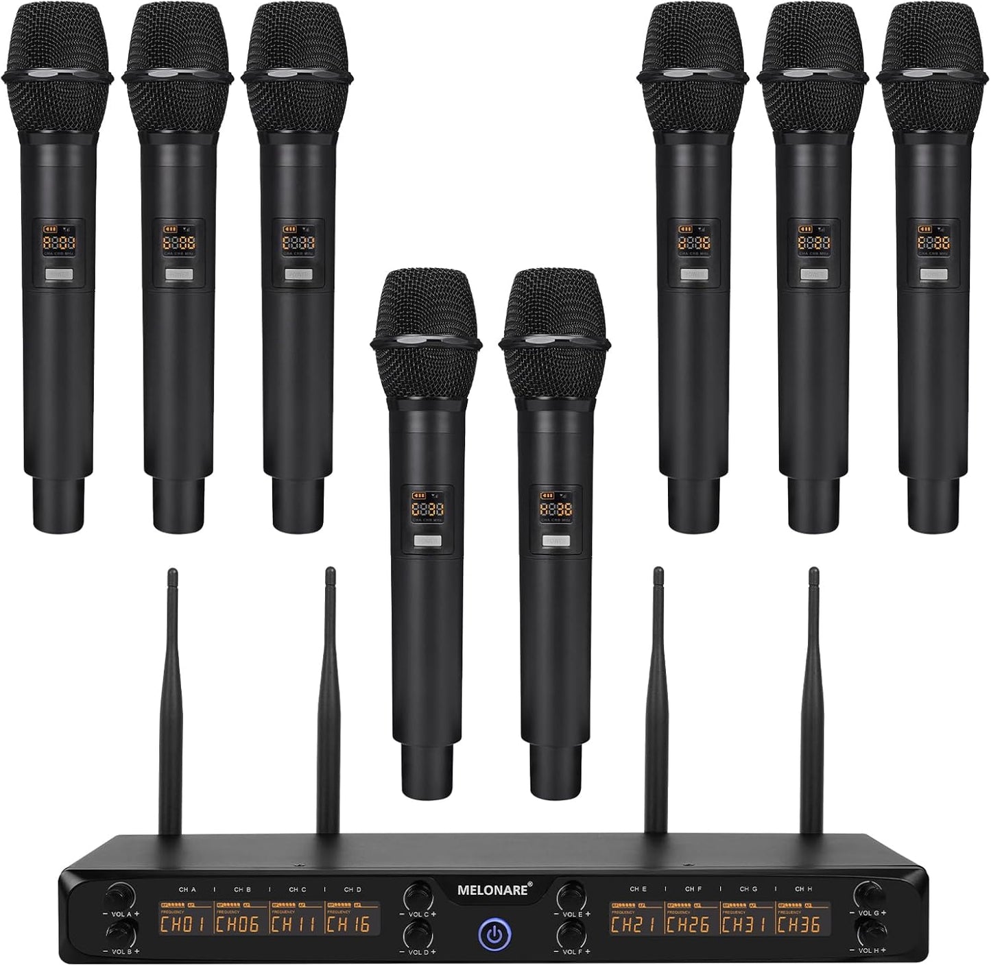 8-Channel Wireless Microphone System, UHF 500MHz Cordless Mic Set w/ 8x5 Frequencies, 240ft Range, Dynamic Handheld Microphone for Singing, Karaoke, Church, Meetings, Wedding (MWM-81F)
