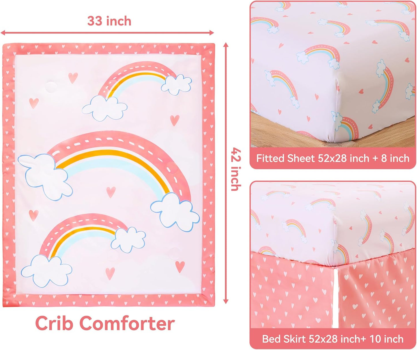 Viviland 3 Pieces Baby Bedding Set for Boy Girls, Baby Bedding Set for Newborn, Infant & Toddler - Rainbow