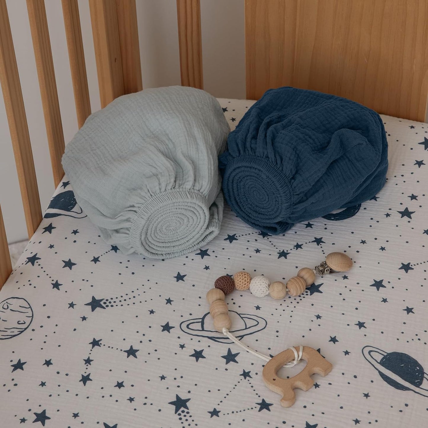 Gllquen Baby Muslin Mini Crib Sheets 3 Pack, Breathable Pack and Play Sheets Fitted Soft Cozy Cotton Pack N Play Sheets for Baby Boy Girls, Universal Fitted Mini Crib Mattresses 38"x26" (Blue)