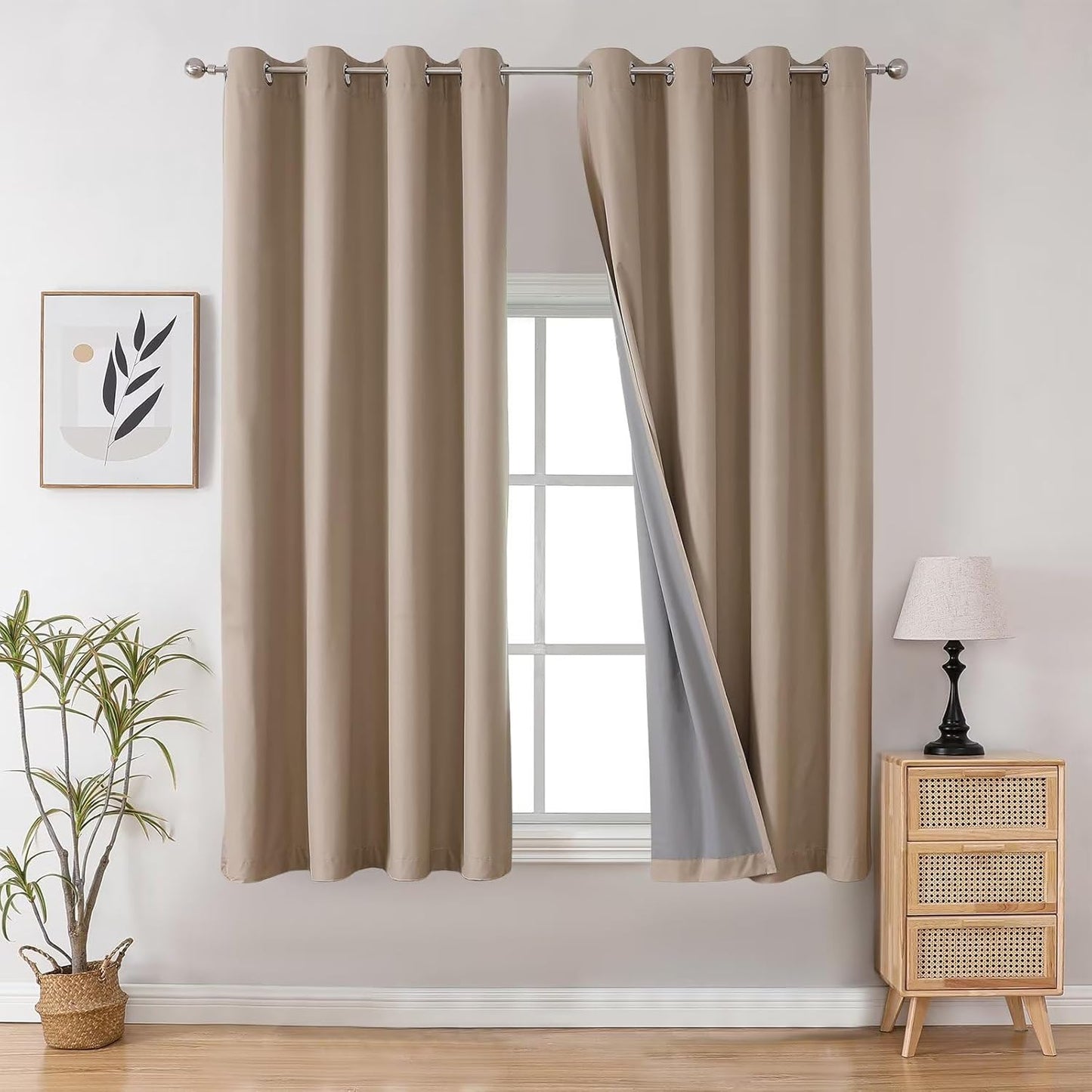 Joydeco Taupe Curtains 63 Inch Length for Bedroom, Solid Blackout Curtains 63 Inch Length for Livingroom, Grommet Thermal Insulated Solid Polyester Room Darkening Curtains 63 Inches Long