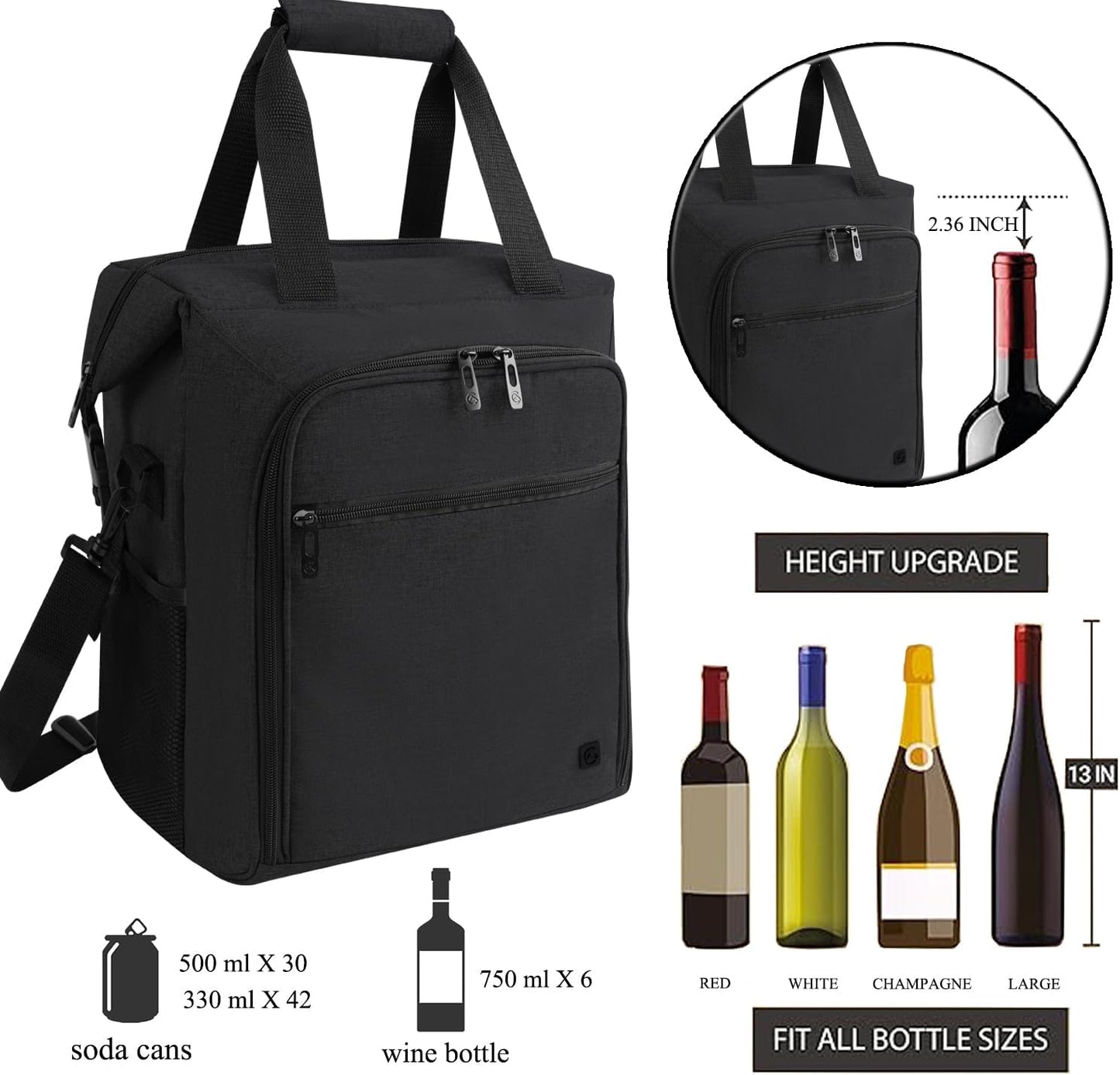 ALLCAMP 6 Bottle Wine Gift Bag - Insulated Tote Cooler, Adjustable Strap, Includes 6 Wine Glasses, Napkins & Corkscrew, Portable Travel Gifting(Black)