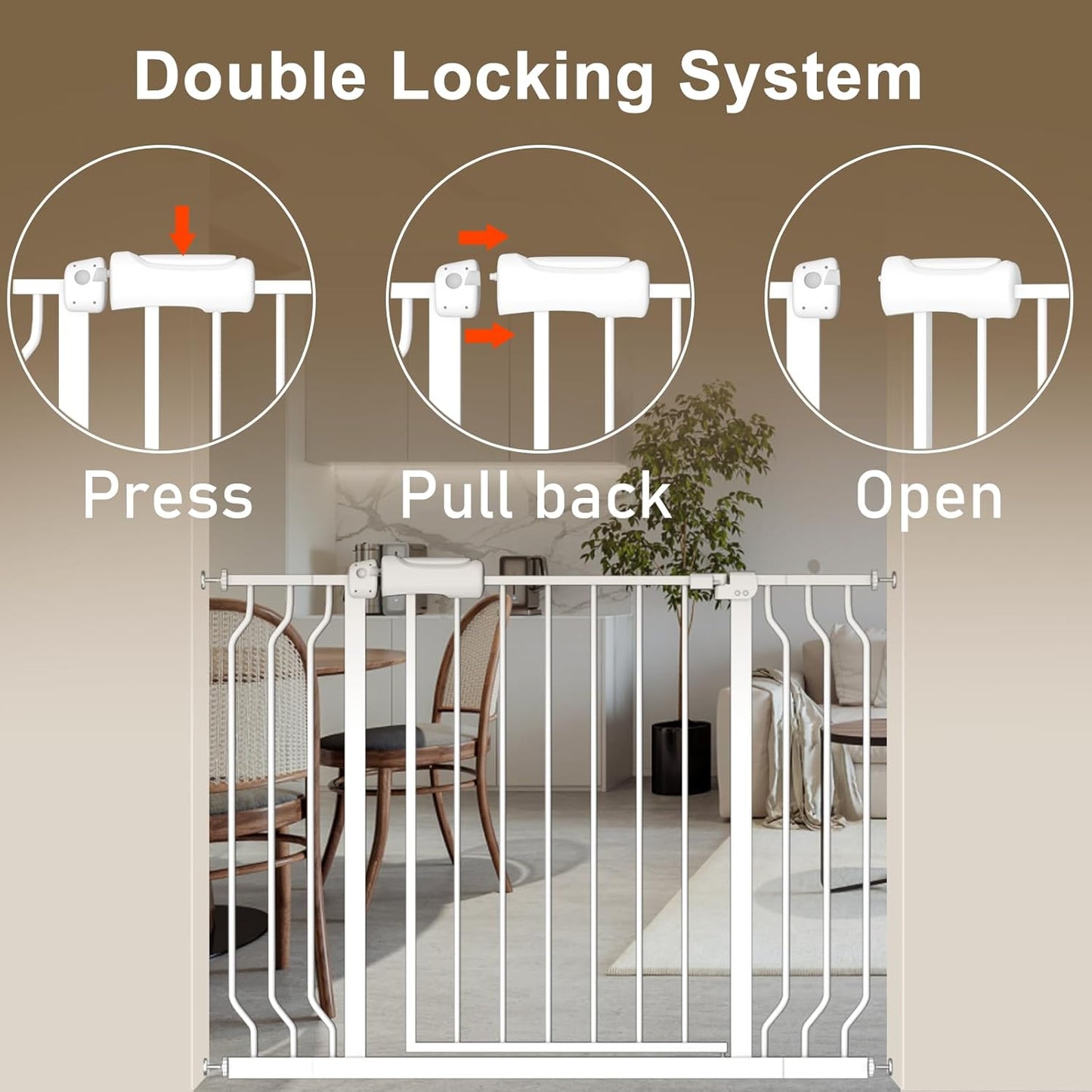 ALLAIBB Extra Wide Baby Gate Pressure Mount with Auto-Close, White Metal Safety Gate for Stairs & Doorways - Child Proof, Pet Barrier for Hallways, Kitchen, Living Room for 52.76-57.48 inch