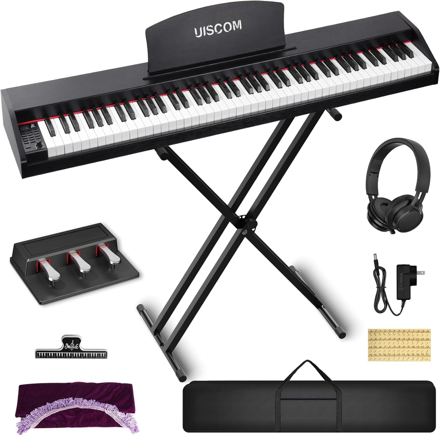 88 Key Digital Piano Keyboard for Beginners - Full Size Semi Weighted Wooden Electric Piano Set with Stand, Triple Pedal, Headphone,Carry Bag - Supports USB-MIDI Connecting (Wood Grain Black)