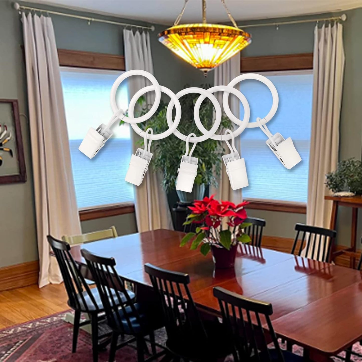 100 Pack White Curtain Rings with Clips, Curtain Hooks Hangers Clip Rings for Hanging Drapes Bows Hat, Drapery Rings 1 in I D, Fits up to 5/8 in Diameter Curtain Rod.