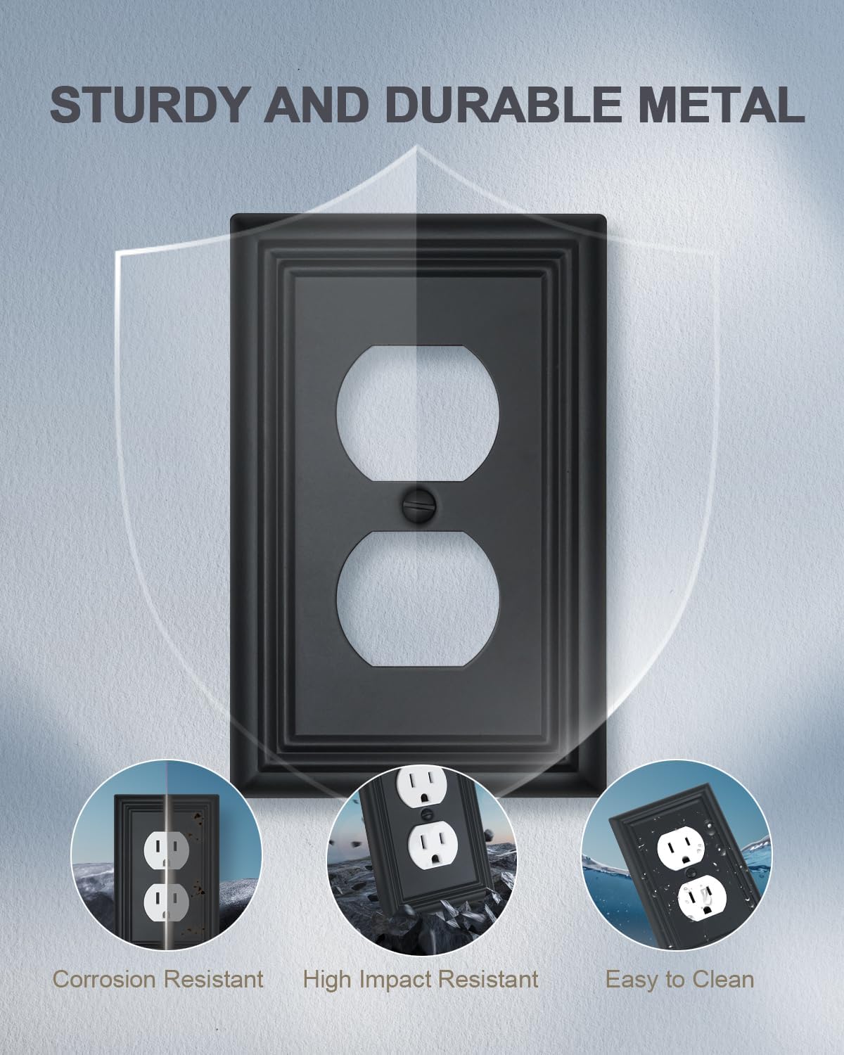 4-Pack Black Outlet Covers, Metal Duplex Wall Plates for Receptacles, Light Switch, Durable Electrical Outlet Cover Plates, 3.15''*4.88'', Midsize