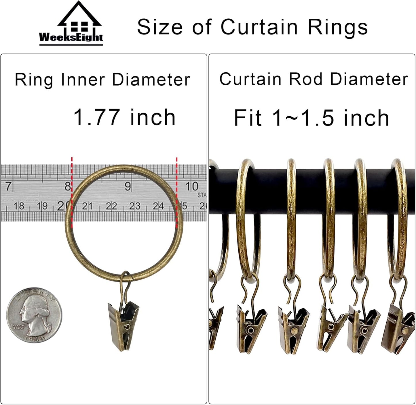 20 Pack Bronze Curtain Rings with Clips, Curtain Hooks Hangers Clip Rings for Hanging Drapes Bows Hat, Drapery Rings 1.77 in I D, Fits up to 1.5 in Diameter Curtain Rod.