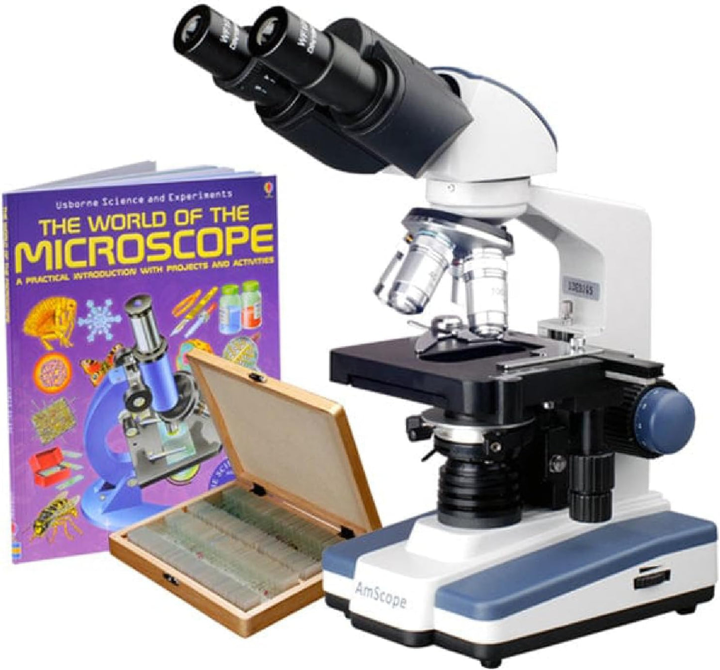 AmScope B120C-WM-PS100 Siedentopf Binocular Compound Microscope, 40X-2500X Magnification, Brightfield, LED Illumination, Abbe Condenser, Double-Layer Mechanical Stage, Includes Book and Set of 100 Prepared Slides