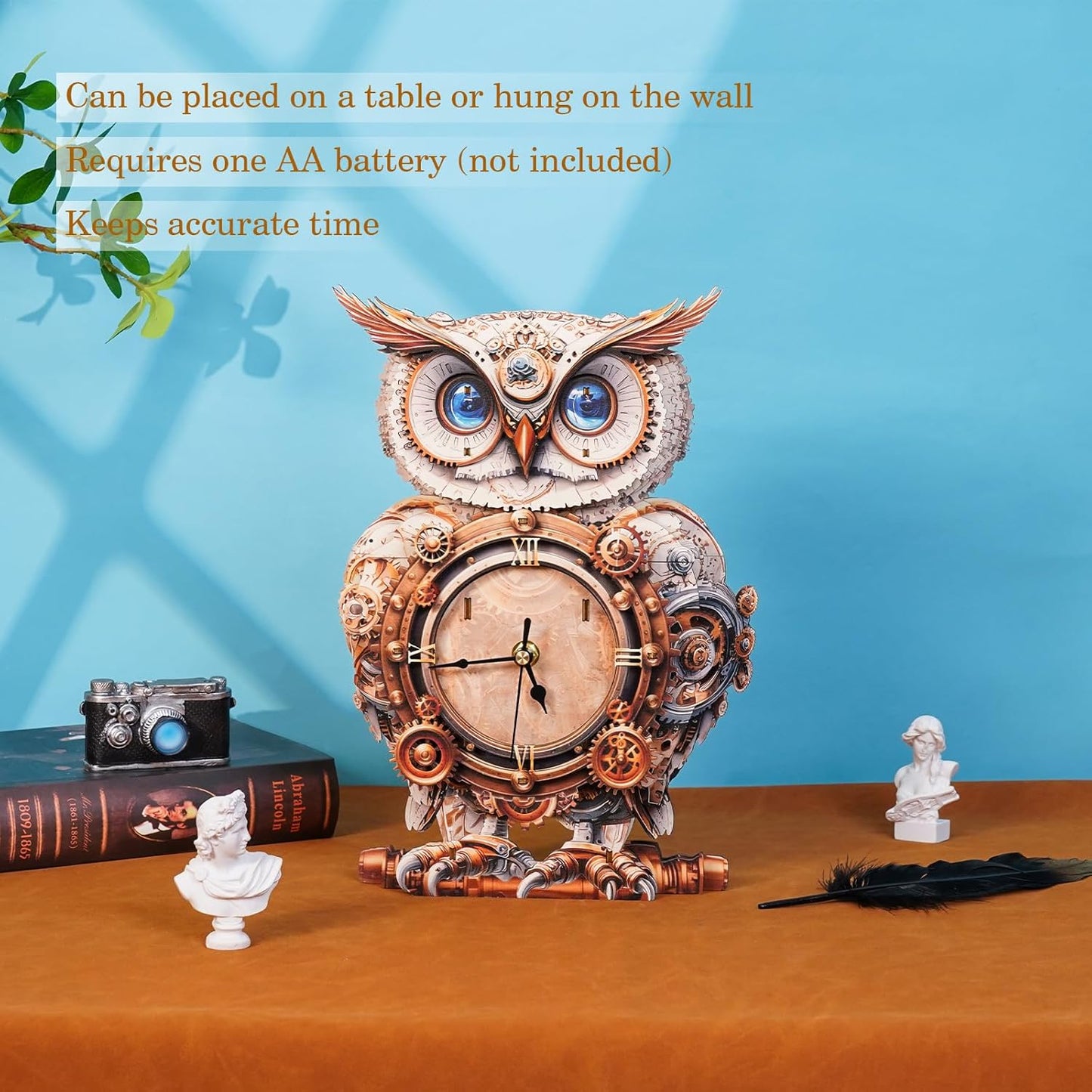 3D Puzzles for Adults Clock-Mechanical Owl Design Model Kit-Mechanical DIY Pendulum Clock with Roman Numerals-Desk Home Office Decor Personalized Gift for DIY Lovers