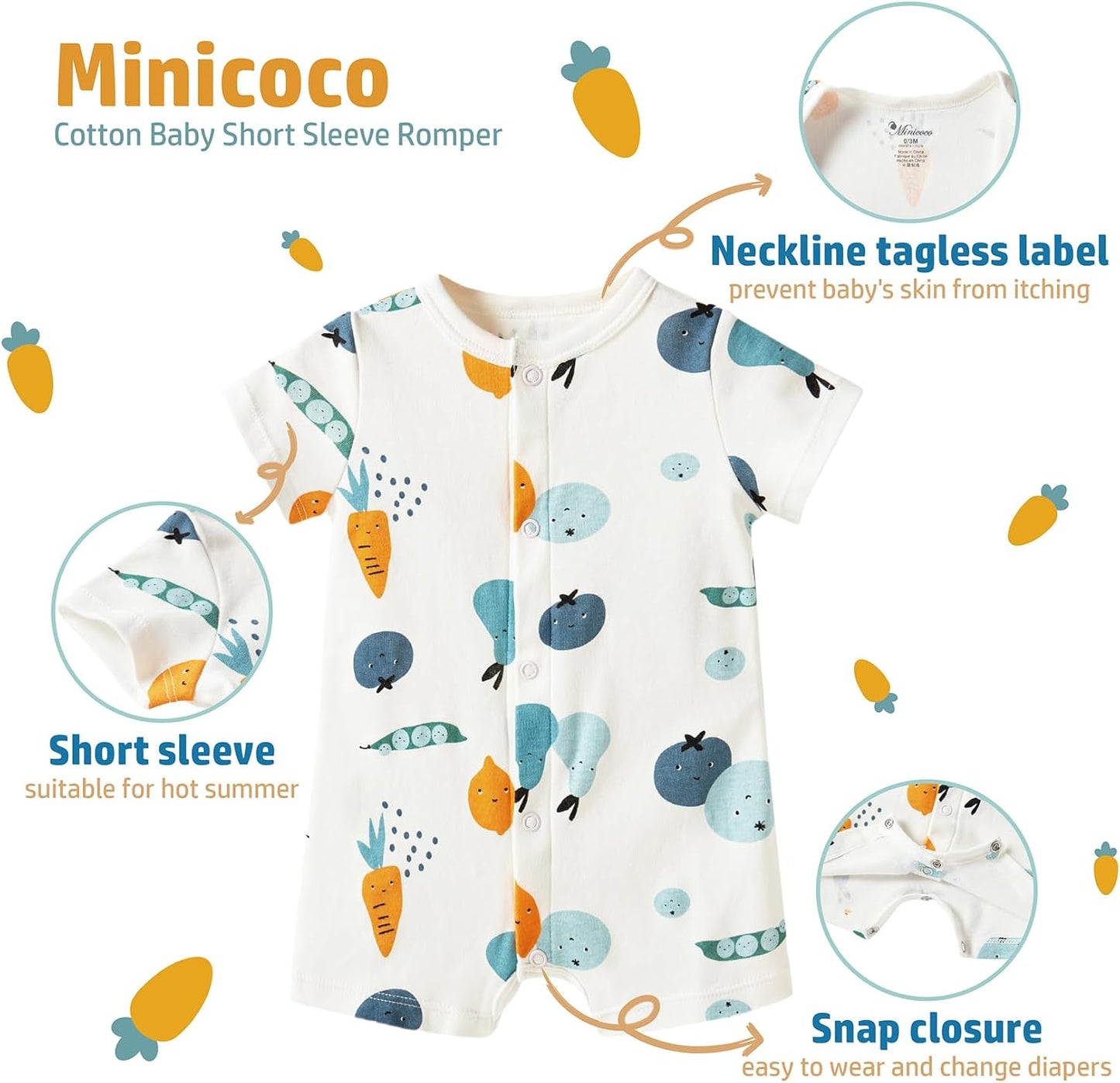 3-Pack 100% Cotton Baby Boy Rompers,0-24Months Short Sleeve Toddler Romper,Breathable Spring/Summer Clothes