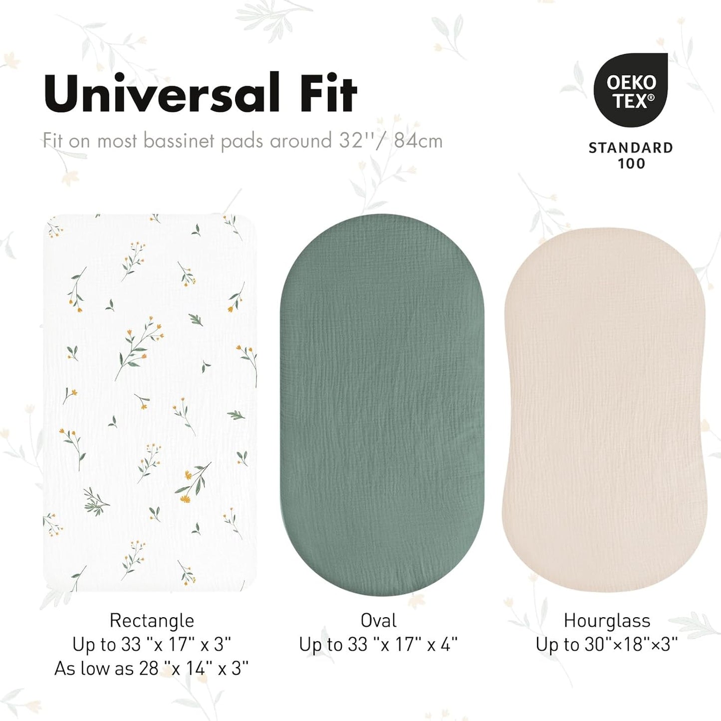 Gllquen Baby Muslin Bassinet Sheets 3 Pack, Breathable Elastic Cozy Fitted Cotton Bassinet Mattress Sheet for Baby Boy Girls, Fit for Hourglass Oval Rectangular Cradle Pad Sheets 33"x17" (Green)