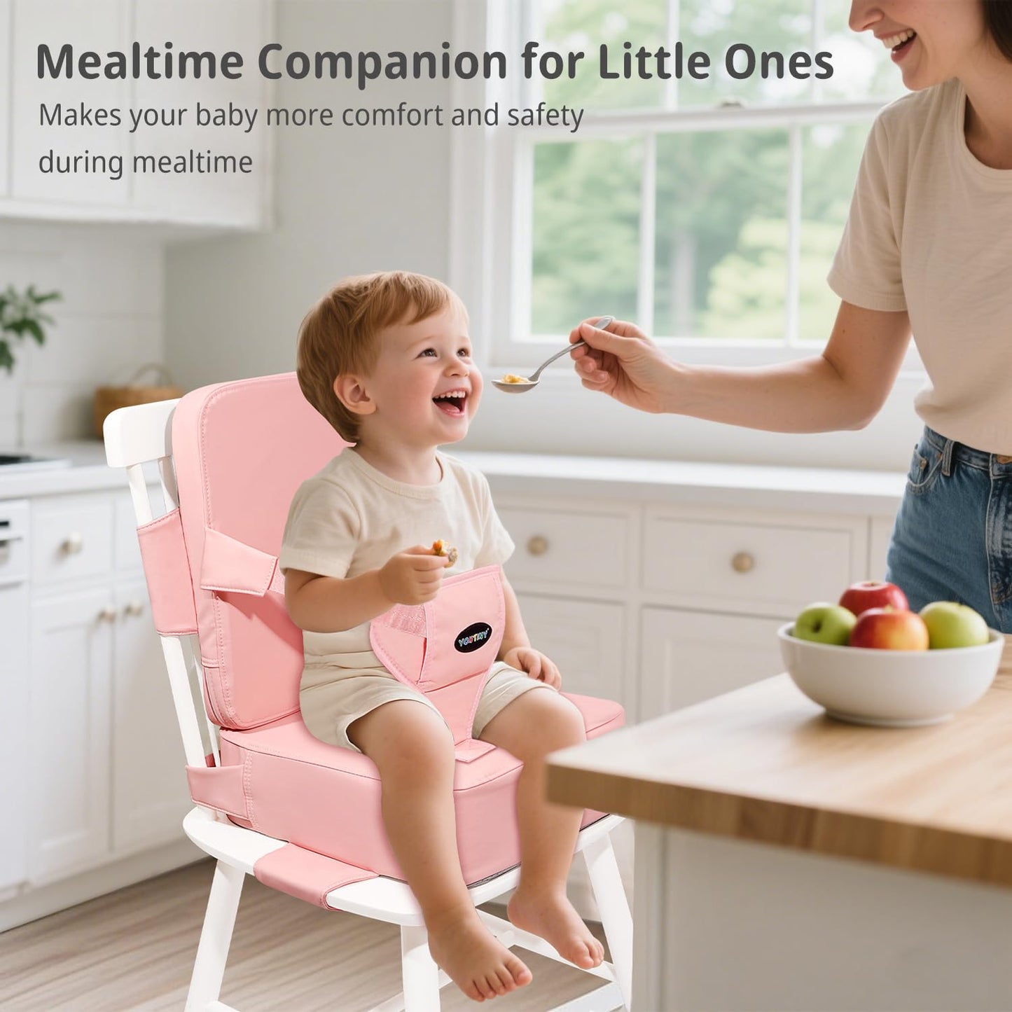 Toddler Booster Seat for Kitchen Chair, 2-in-1 Dining Table Booster Seat with Backrest & Adjustable Straps – Easy-Clean, PU Portable Toddler Eating Travel Increasing Cushion - Pink