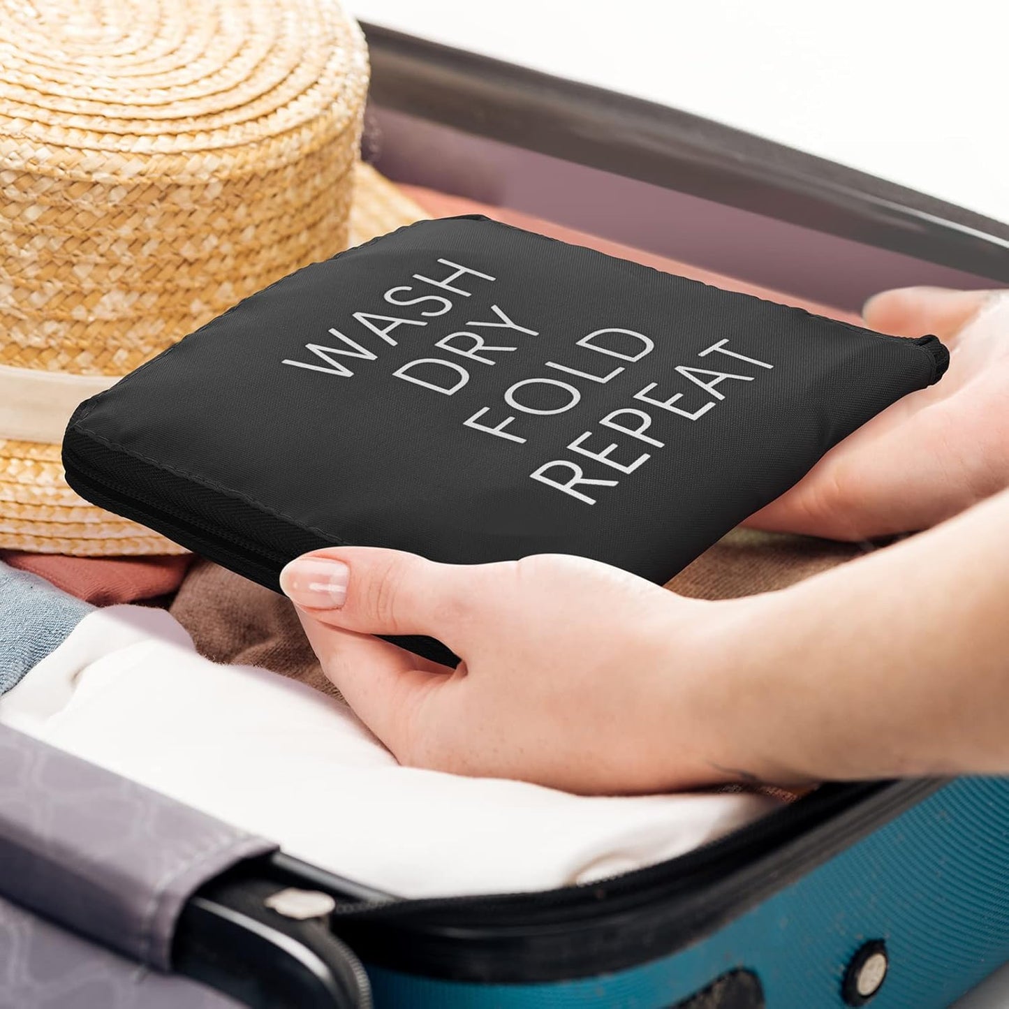 2 Pcs Travel Laundry Bag Washable Dirty Clothes Bag with Drawstring and Zipper for Suitcase, 22 x 18 Inch (Black,Classic)