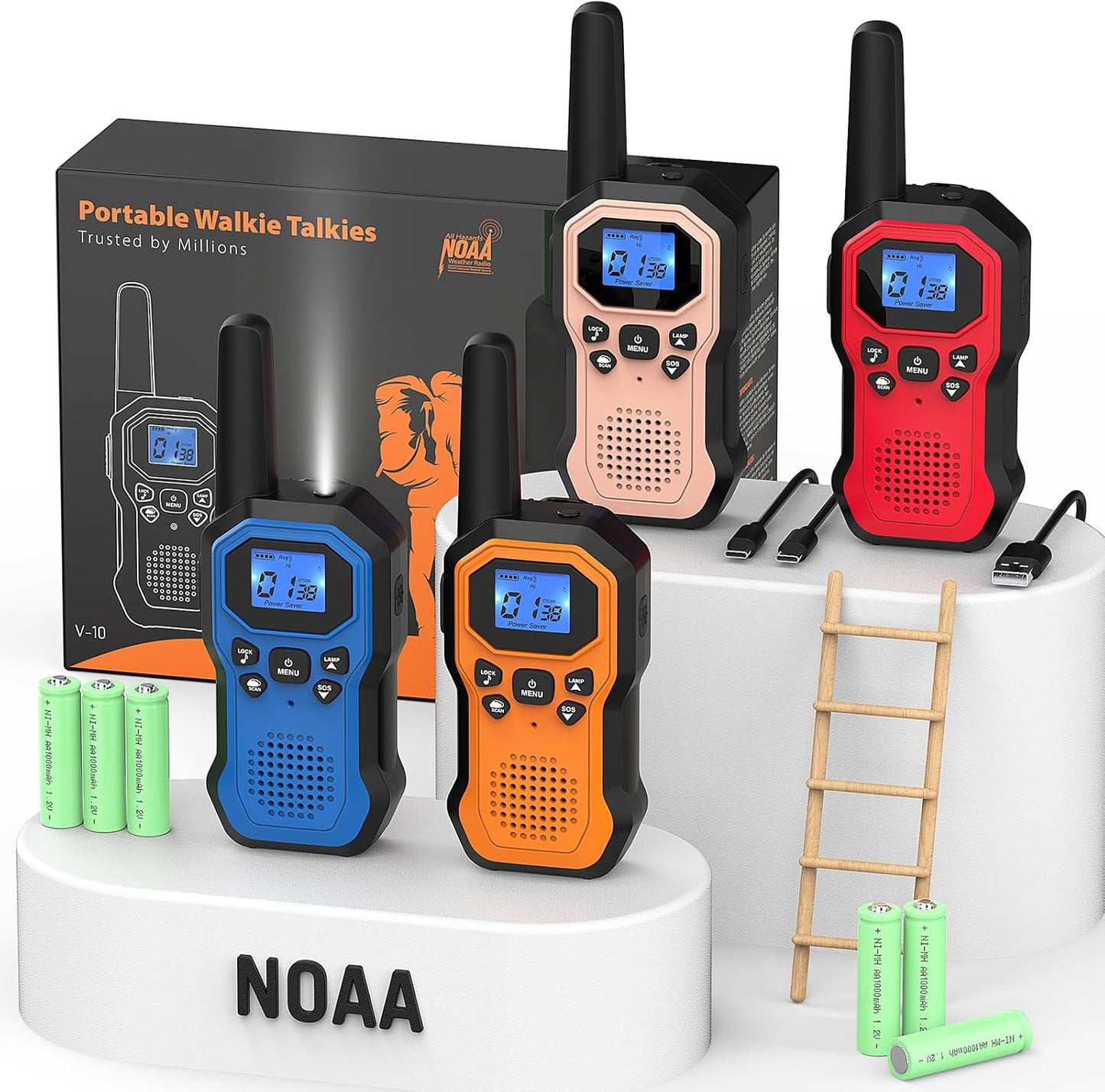 2 Way Radios for Adults Long Range Walkie Talkies for Kids Rechargeable 4 Pack, Camping Hiking Skiing Cruising Gear with Lamp, USB-C, SOS Siren, NOAA Alert, iVOX Hands-Free, One-Touch Pairing
