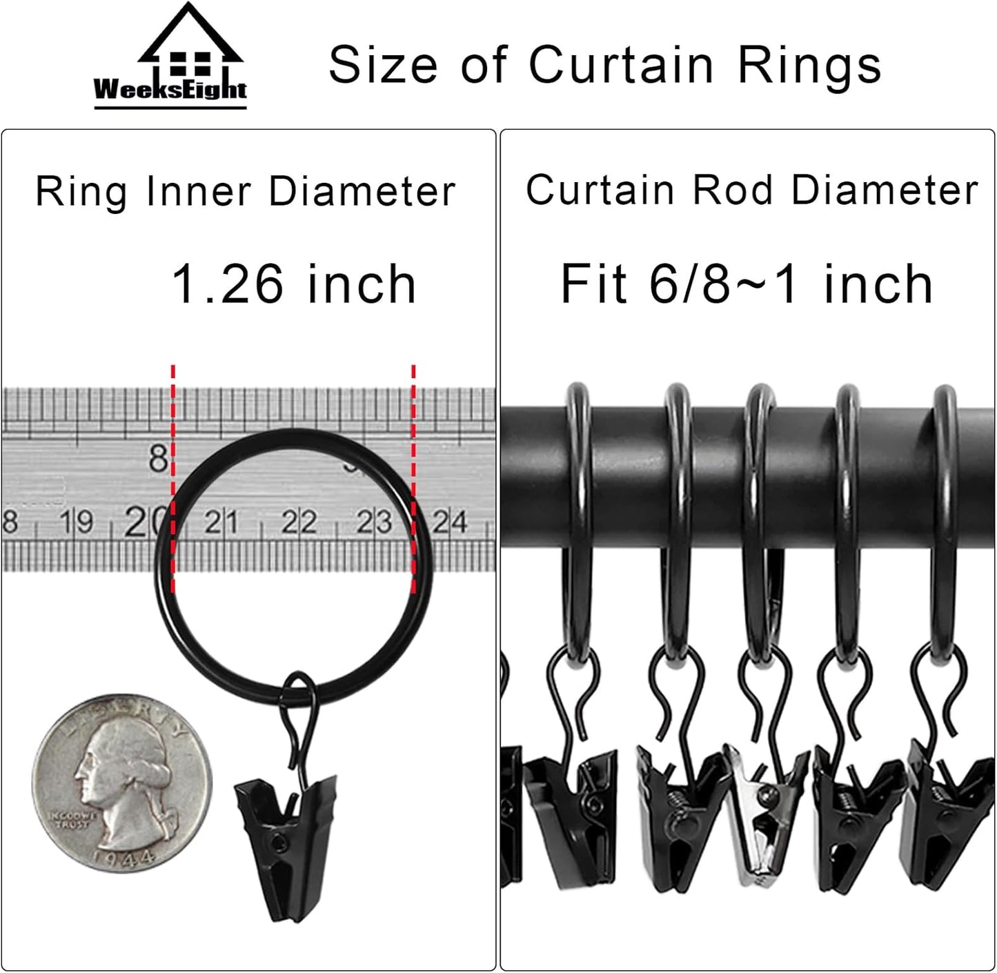 40 Pack Black Curtain Rings with Clips, Curtain Hooks Hangers Clip Rings for Hanging Drapes Bows Hat, Drapery Rings 1.26 in I D, Fits up to 1 in Diameter Curtain Rod.