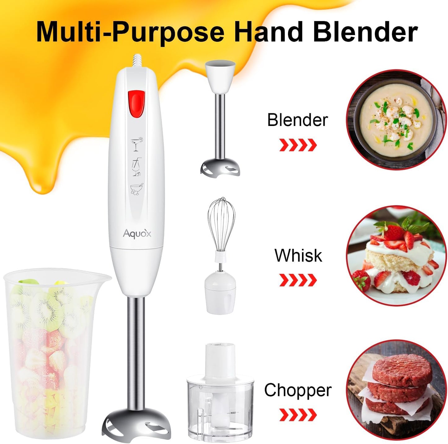 Immersion Blender 4 in 1, 16000rpm Speed, 400W Turbo Motor & Ergonomic Grip Hand Blender Set, Splash-Proof Stainless Steel Blades, for Soup, Baby Food, Smoothies, Sauce (Red+Ivory)