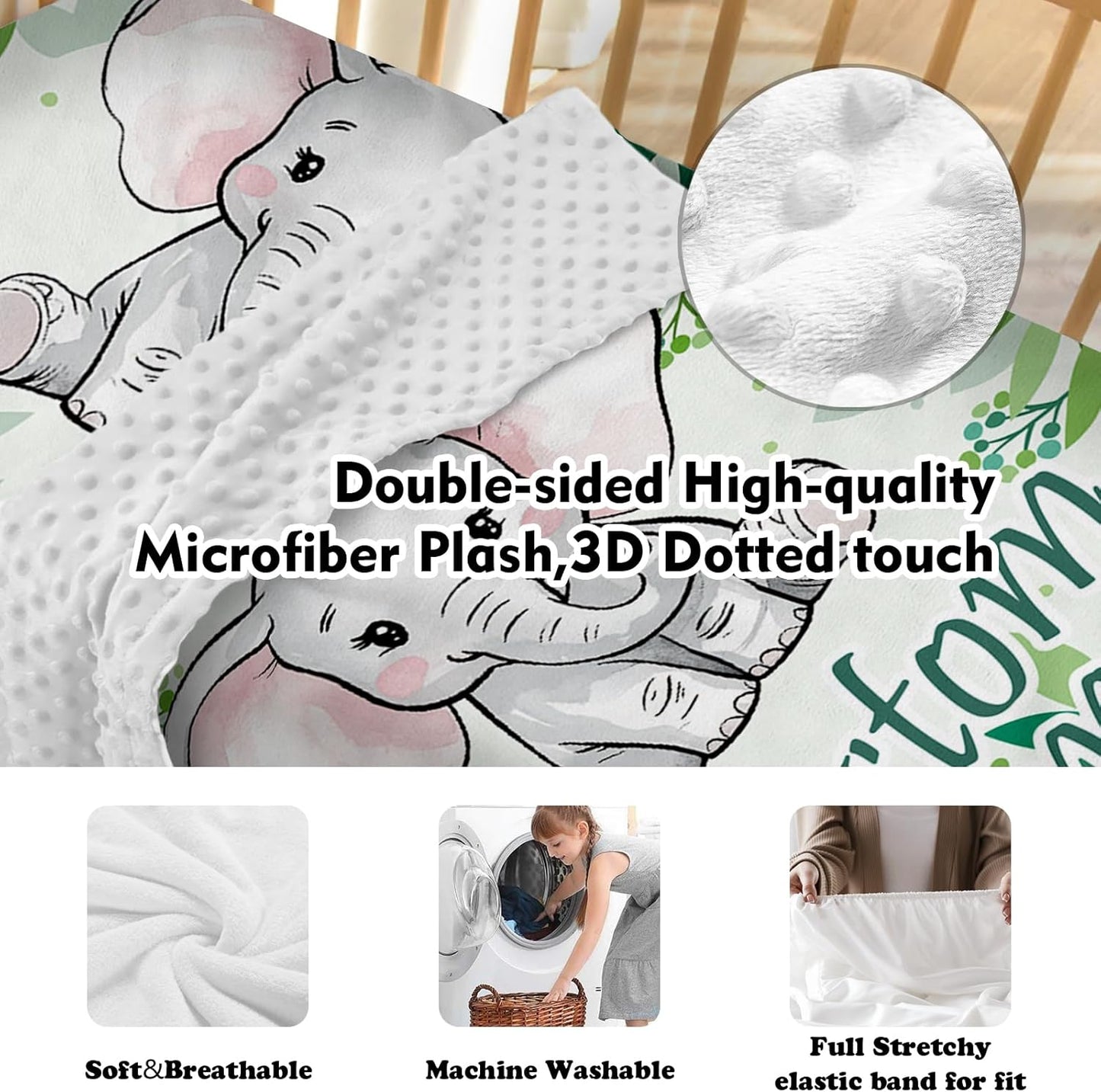 Personalized Baby Crib Bedding Set, Green Elephant Design Custom Name Baby Crib Sets 5-Pcs, Toddler Double Layer Blanket Fitted Sheets Changing Pad Cover Rug Wall Art Set, Charming Nursery Decor