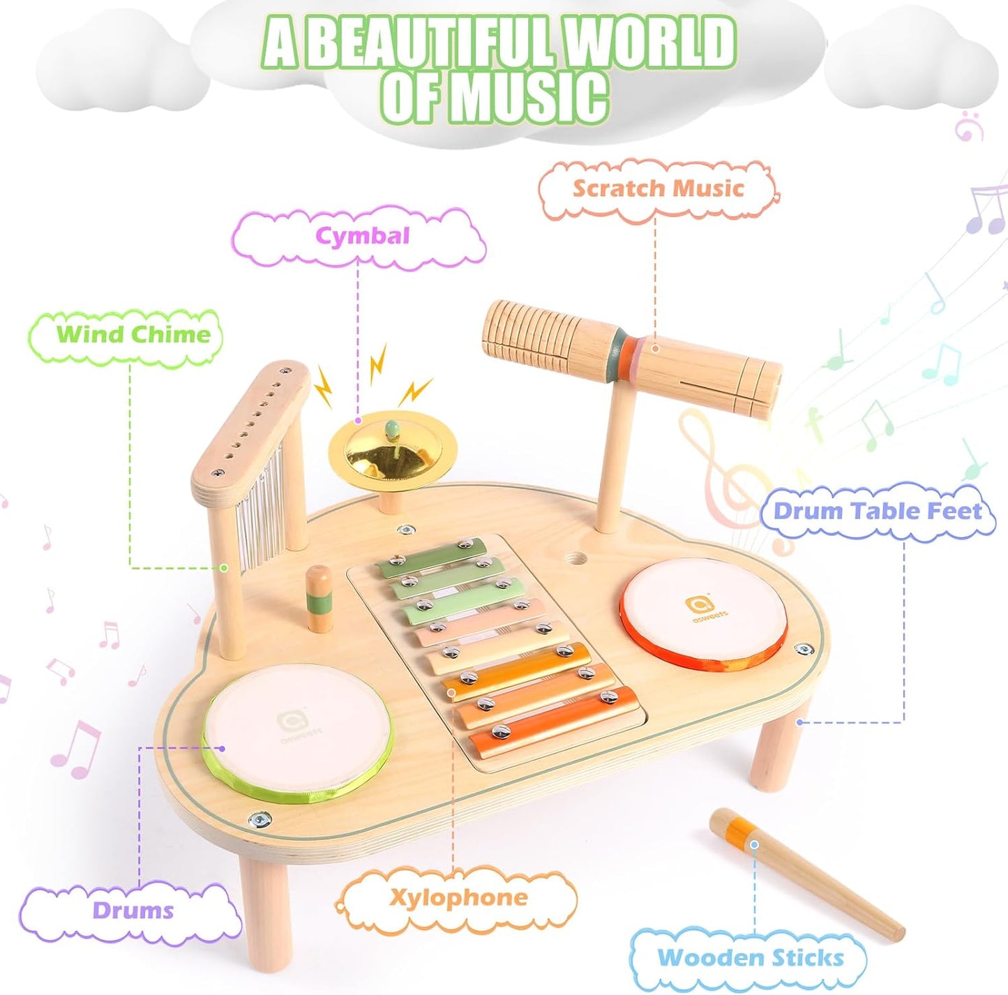 Asweets 7 in 1 Kids Drum Set for Toddlers Wooden Xylophone Musical Instruments Kit Play Set for Toddler Baby Drum Set Montessori Toys Sensory Toys Birthday Gifts for Girls Boys (Cloud)