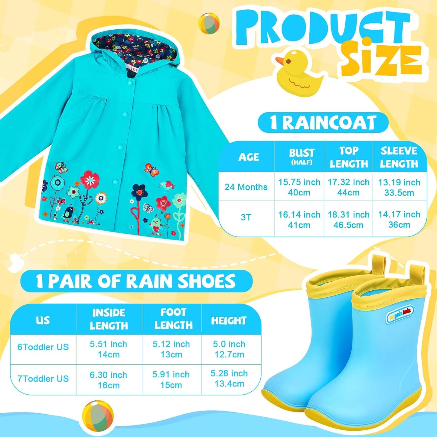 2 Pcs Toddler Raincoat Rain Boots Set Kids Baby Cartoon Hoodie Zipper Jacket Short Rain Shoes for Little Boys Girls
