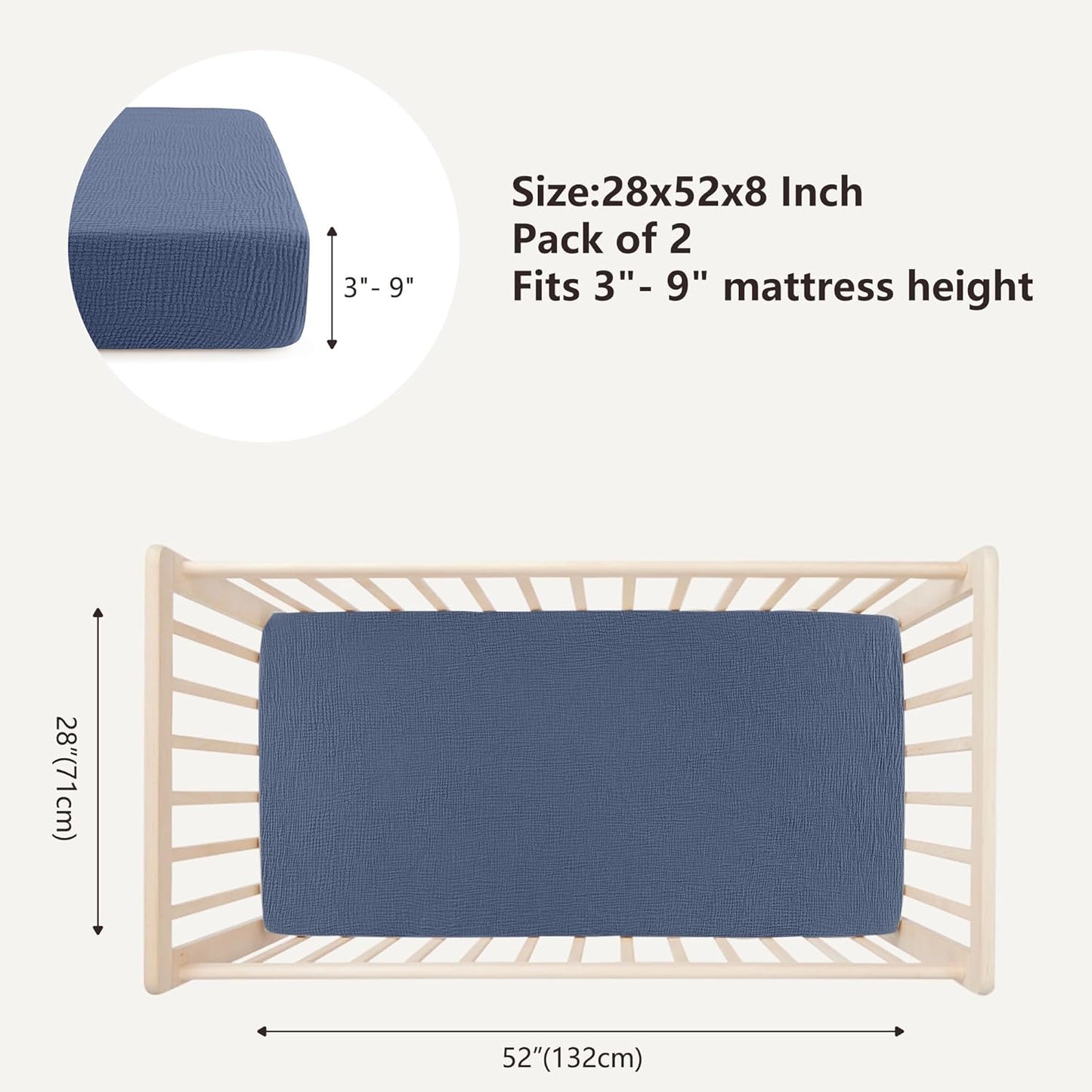 Bearmoss Muslin Crib Sheets 100% Cotton Baby Crib Sheets Soft&Breathable Nursery Sheet 52"x28" for Standard Crib Mattress&Toddler Bed Mattress - 2 Pack (Blue Crescent)