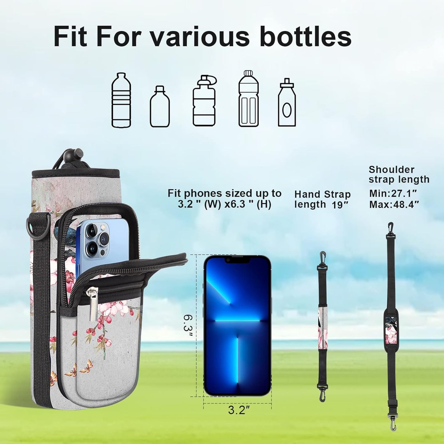 25/32/40/64oz Water Bottle Bag Holder Carrier-Insulated Crossbody Sling Case Sleeve with Strap & Pockets for Men Women Gym Cycling Travel Walking Hiking Camping