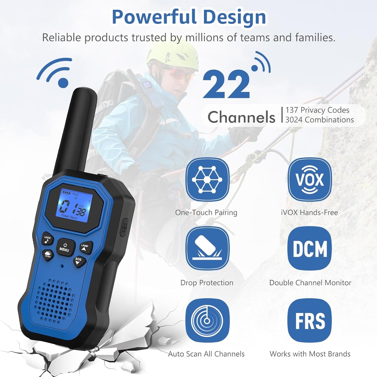 2 Way Radios for Adults Long Range Walkie Talkies for Kids Rechargeable 4 Pack, Camping Hiking Skiing Cruising Gear with Lamp, USB-C, SOS Siren, NOAA Alert, iVOX Hands-Free, One-Touch Pairing