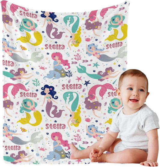 Personalized Baby Blanket with Name, Custom Mermaids Name Blanket Toddler Girls Soft Flannne Swaddling Blankets Customized Monogram Memorial Gift from Nana for Infant Newborn Shower