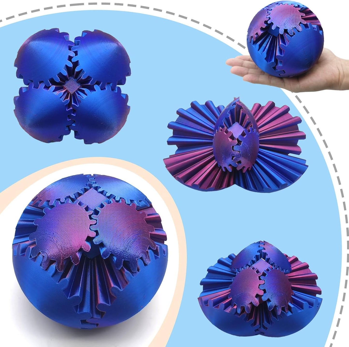 3D Printed Gear Ball Spin Ball, 4inch Large Gear Ball Fidget Toy, Gear Sphere Cube Puzzle, Gearball Fidget Desk Toy, Gearsphere Steampunk Whirling Wonder Fidget Stress Ball (Red Blue)