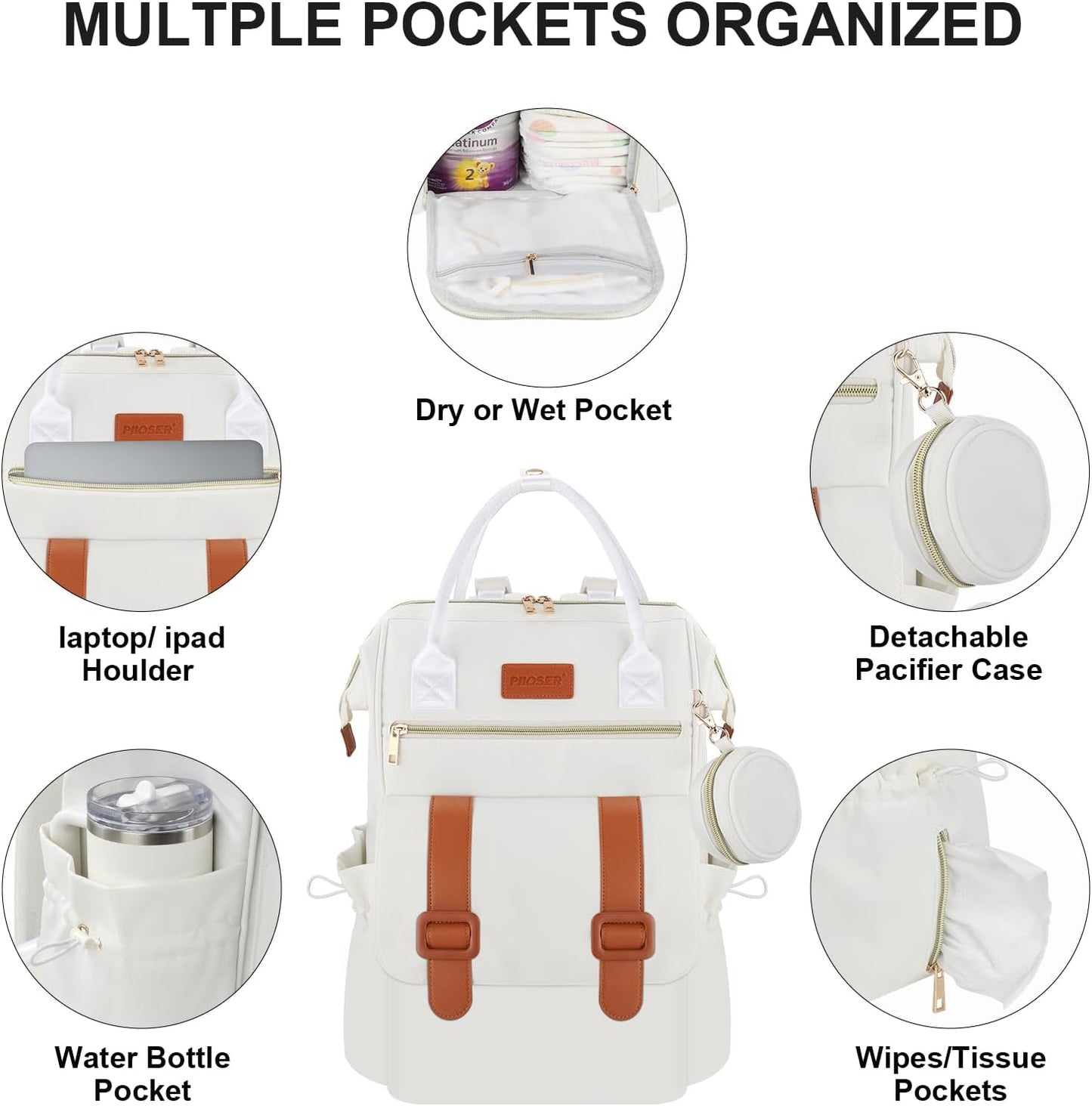 PIIOSER Diaper Bag Backpack with Ice Pack, Large Capacity & Waterproof Convertible Diaper Bag Tote for Moms Dads, Insulated Baby Tote Bag with Changing Pad, Stroller Straps & Pacifier Case, Cream
