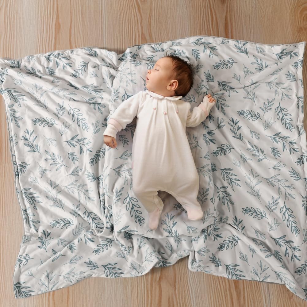 Soft Sage Green Baby Blankets for Unisex Girls or Boys Breathable Gender Neutral Nursery Double Layer Blankets with Dotted Backing and Leaf Printed for Newborn Toddlers 2 Pack (Leaf)