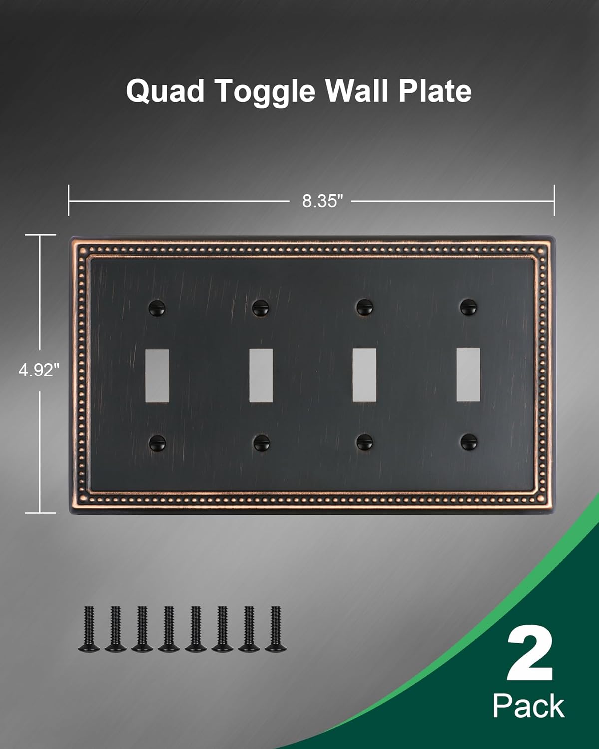 2-Pack Quad Toggle Light Switch Cover Plate, 4 Gang Metal Switch Plate Covers, Aged Bronze Pearls Decorative Wall Plate, Corrosion Resistant