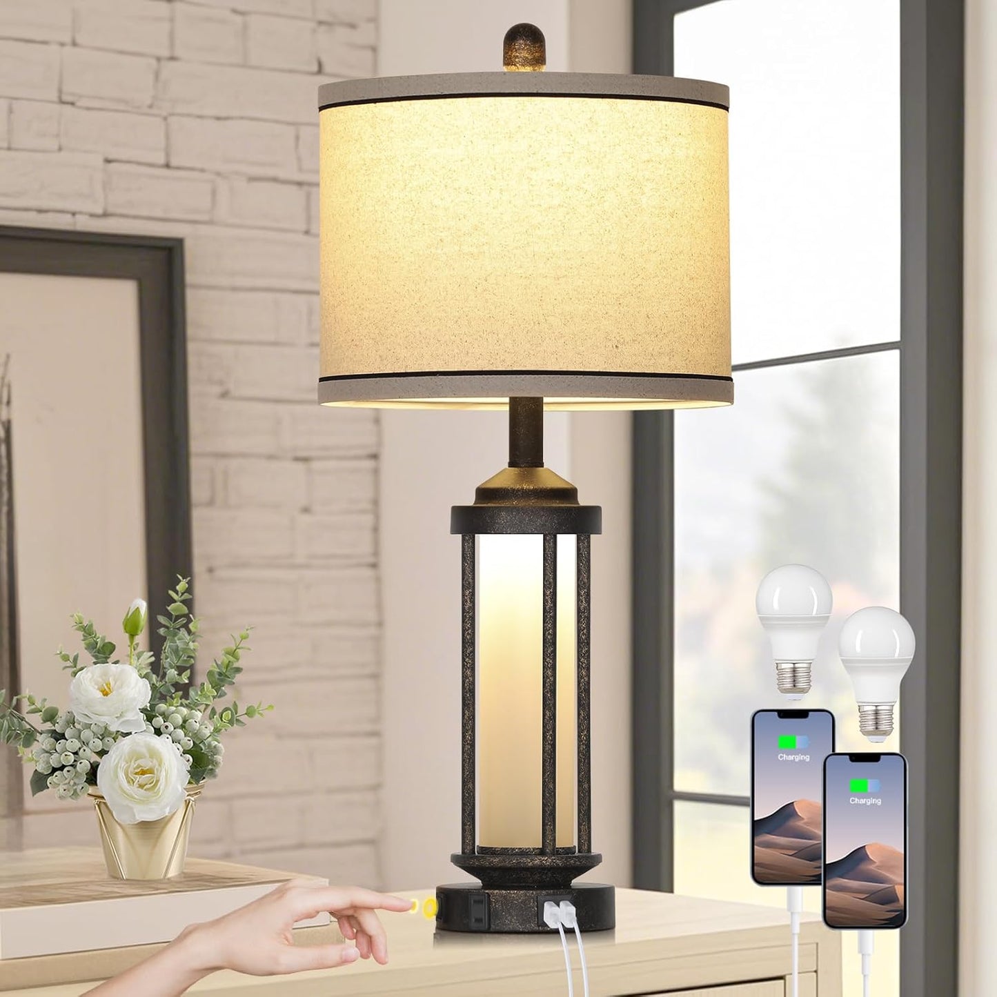 27" Industrial Farmhouse Table Lamp, Vintage Rustic Beside Lamp with USB A+C Charging Ports & AC Outlet, Modern Single Table Lamp with Frosted Glass Night Light for Bedrooms Nightstand Bronze