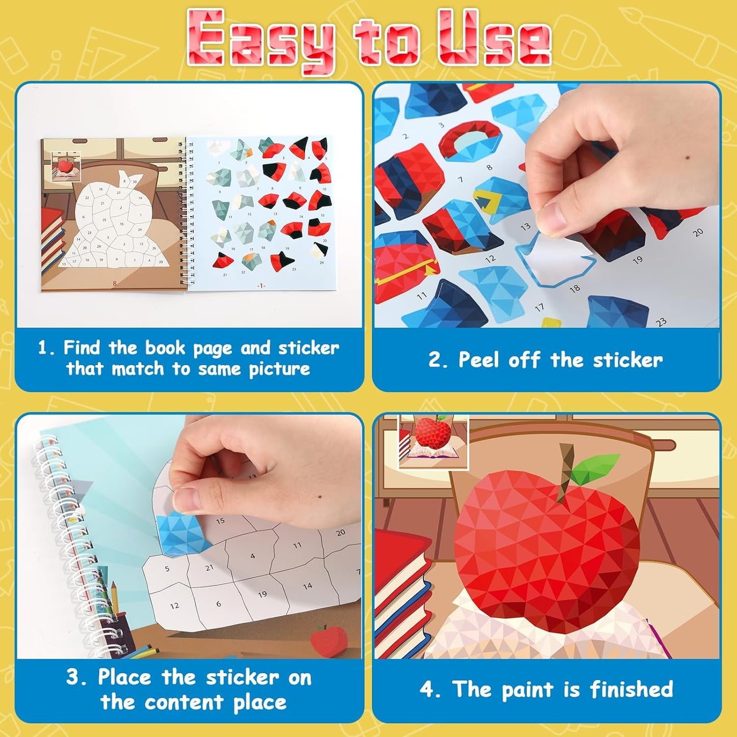 4Pcs Back to School Paint by Sticker Books Sticker by Number Books Activity Book Puzzle Book Craft Art Gift School Bus Apple Owl Alarm 32 Pictures