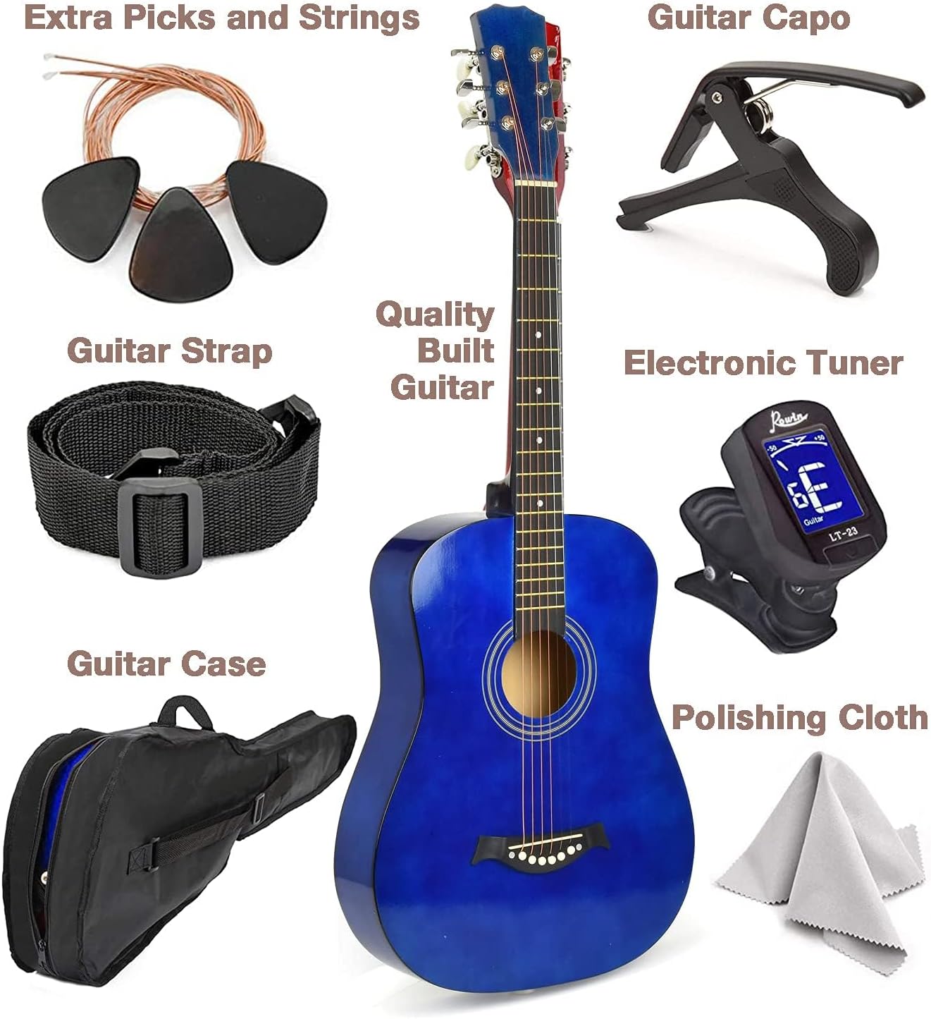 Acoustic Guitar For Kids By MasterPlay- 30” Beginner Guitar For Learners- Accoustic String Starter Kit: Guitar Bag, Tuner, Strap, Extra Strings, Picks, Wash Cloth, Capo (Blua)