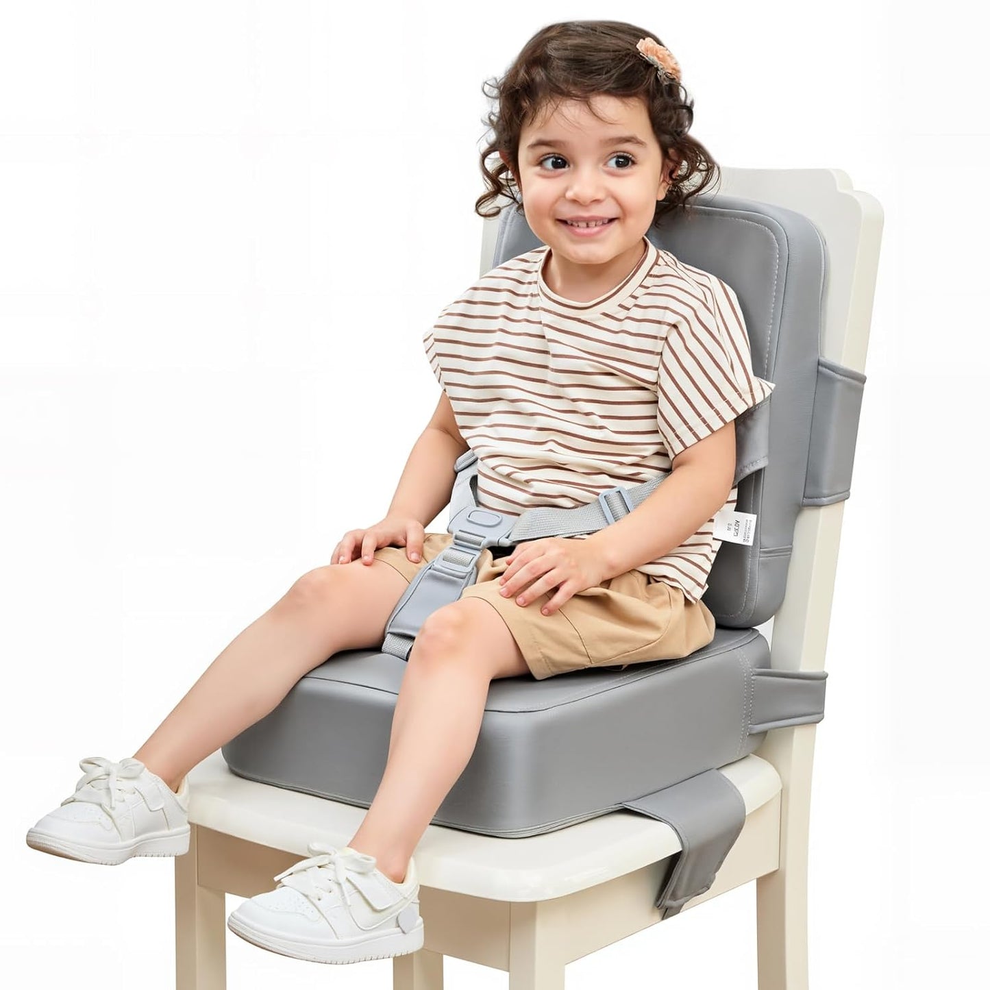 HOMEAL Booster Seat for Kitchen Chair - Compact Toddler Dining Seat with Easy-Install Straps & Wipeable Surface - Breathable Fabric Booster Seat for Table - Light Gray