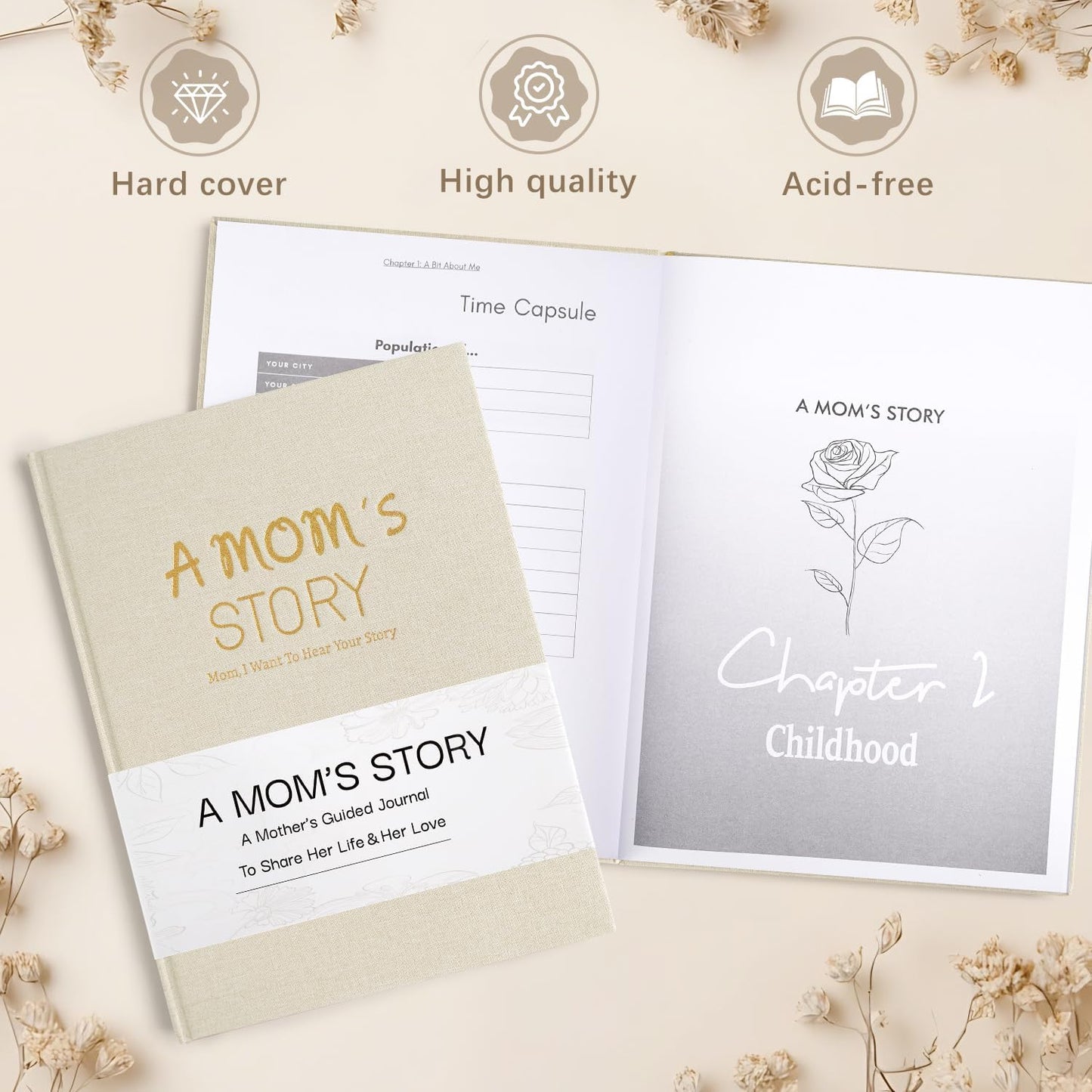 Artmag Mom's Life Story Journal Family Keepsake Book Linen Hardcover for Mom to Share Her Memories, with 250+ Prompt Questions Book Gift for Birthday Mother's Day Christmas (Beige)