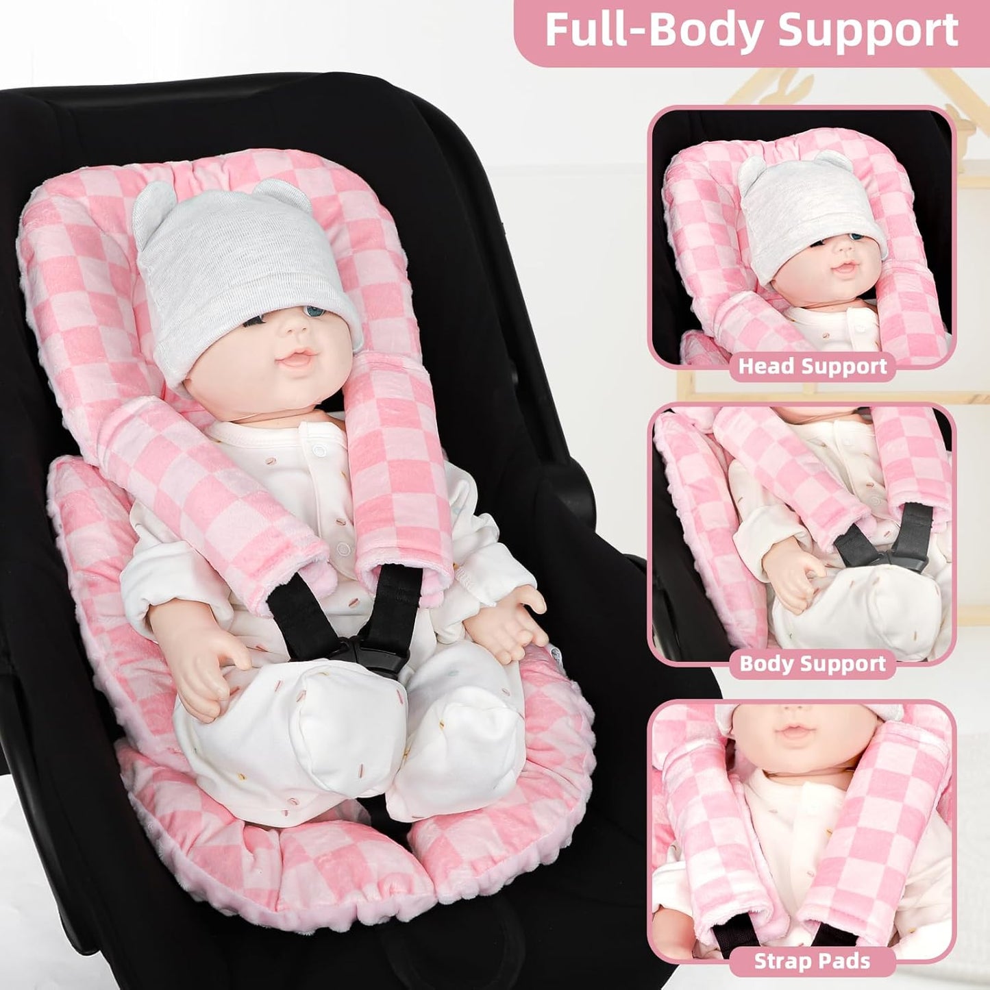Infant Car Seat Insert Cushion, Baby Car Seat Head Body Support for Girls & Boys, Reversible Newborn Car Seat Insert with 2 Extra Strap Paddings, Premature Car Seat Cushion, Pink Checkerboard