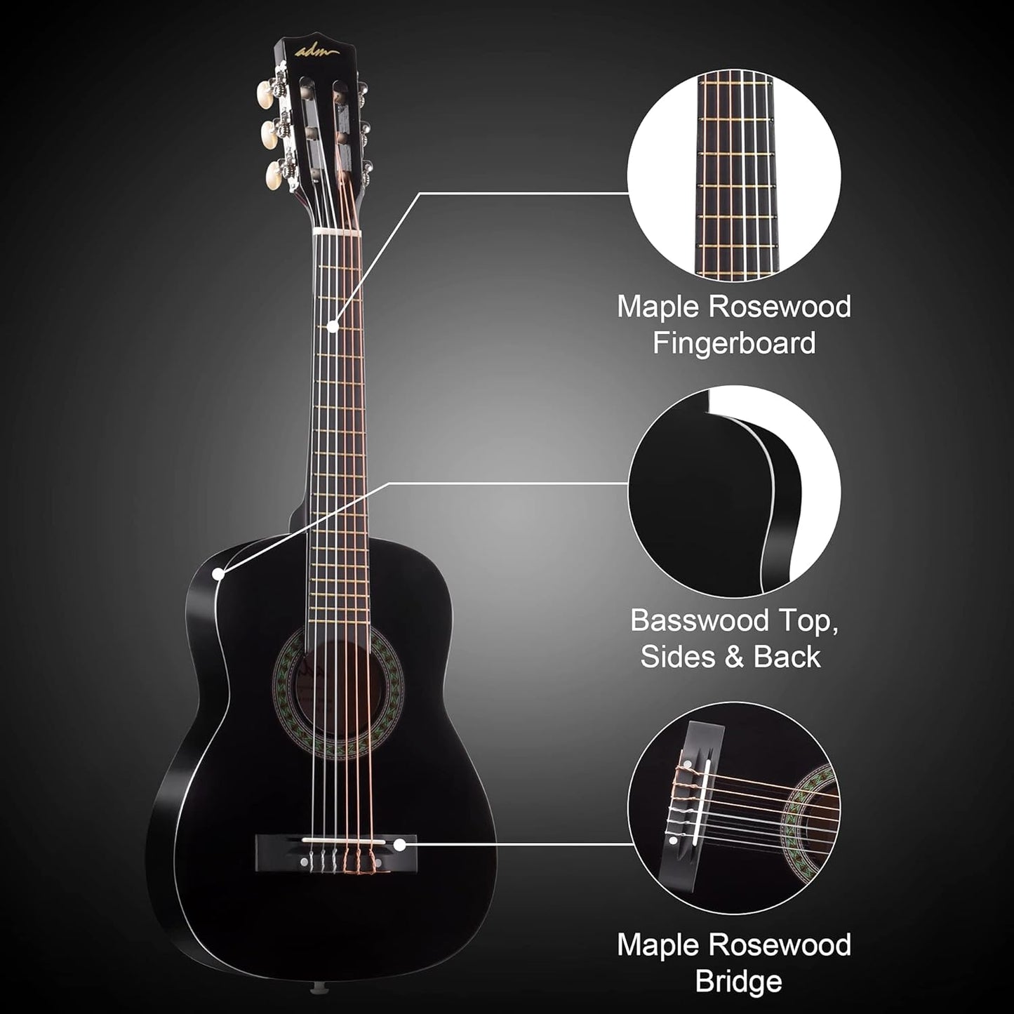ADM Beginner Acoustic Classical Guitar 30 Inch Nylon Strings Wooden Guitar Bundle Kit for Kid Boy Girl Student Youth Guitarra Online Lessons with Gig Bag, Strap, Tuner, Extra Strings, Picks,Black 1