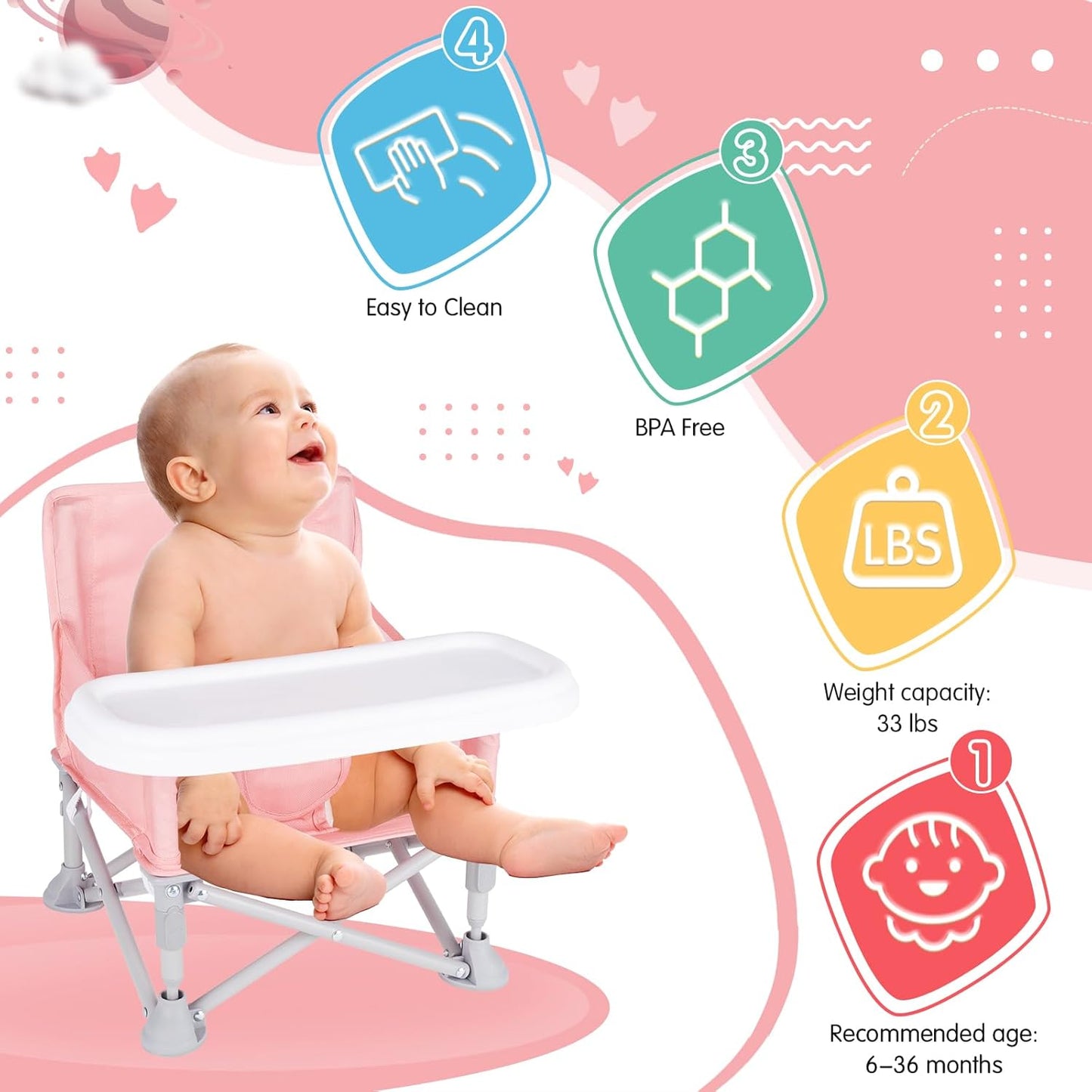 Portable Baby Booster Seat with Tray, Toddler Booster seat for Dining, Camping, Travel, Baby Beach Chair 6 Months to 3 Years Old Indoor Outdoor Use Pink
