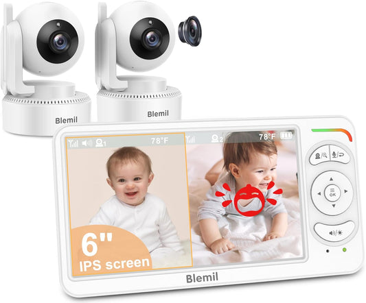 6" Baby Monitor with 2 Cameras 4000mAh Battery Upgrade Split Screen Video Baby Monitor No WiFi Remote Pan-Tilt-Zoom Auto-Night Vision 150 Languages ECO Mode 2-Way Talk 1000FT (Ideal Condition)